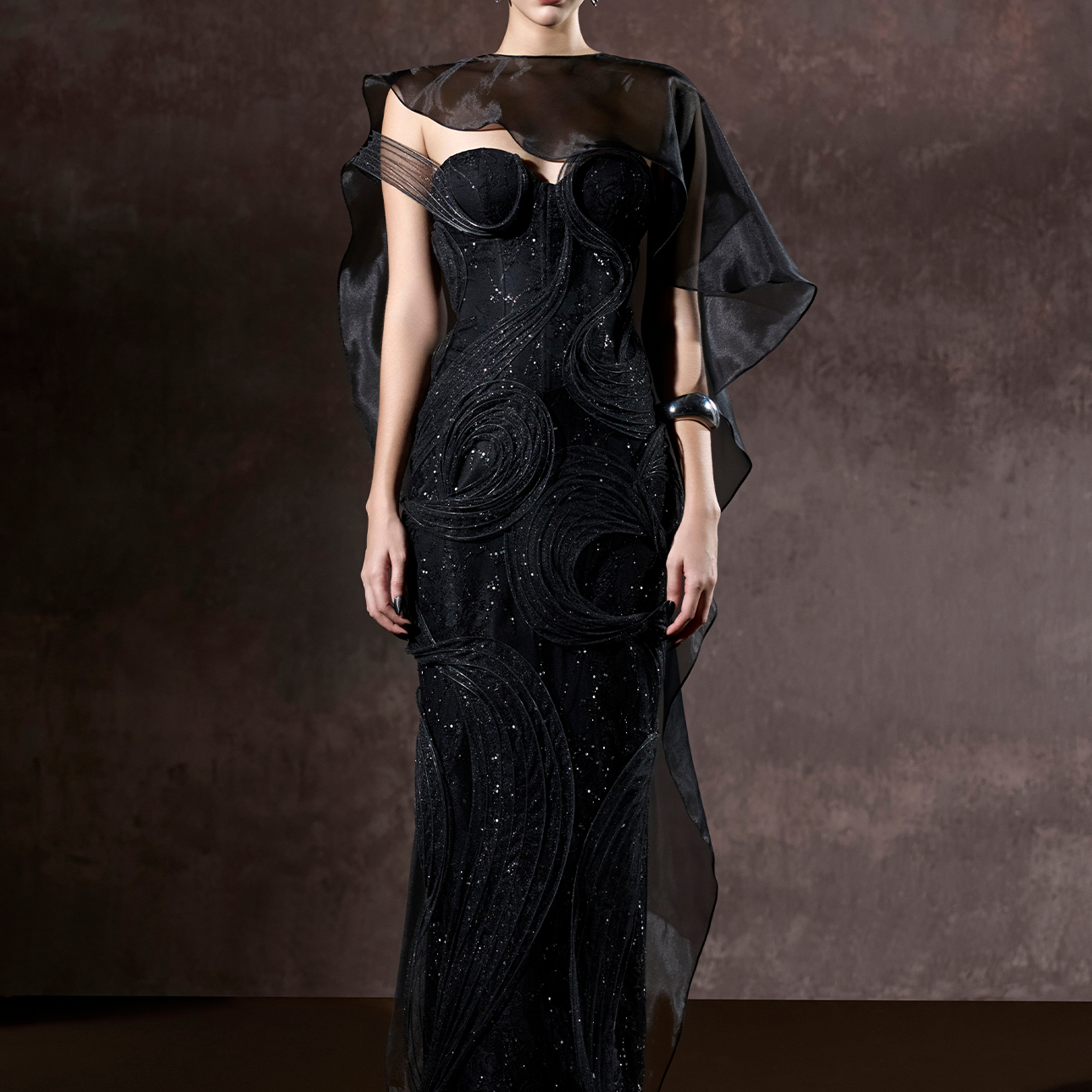 Asha Couture Dual Style Bandeau Layered 3D Lines Maxi Dress With Veil 3