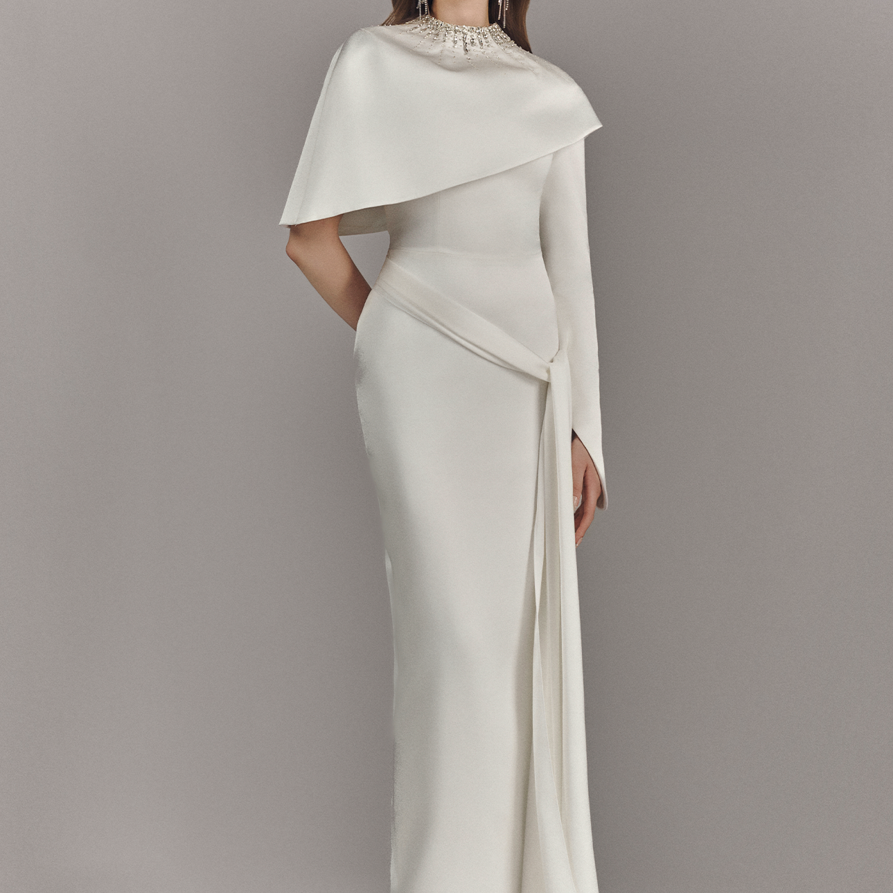 Alessira High Neckline Maxi Dress With Asymmetric Cape