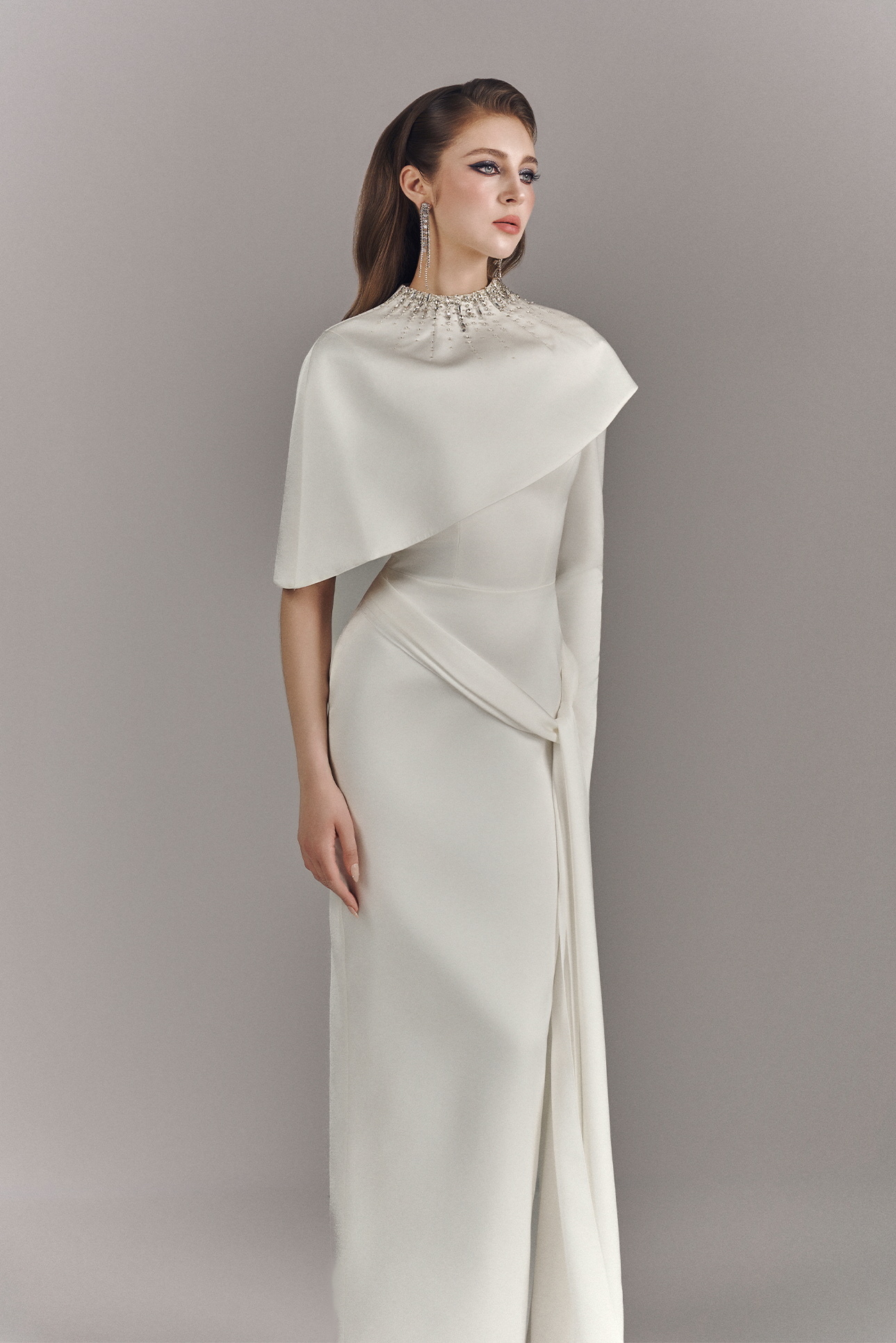 Alessira High Neckline Maxi Dress With Asymmetric Cape 3
