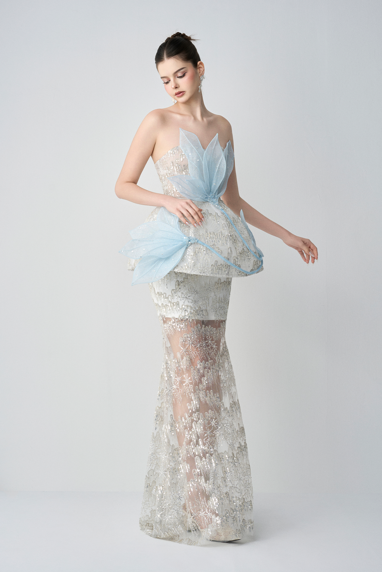 Snow-whisper Bandeau Corset Maxi Dress With 3D Petal Layers