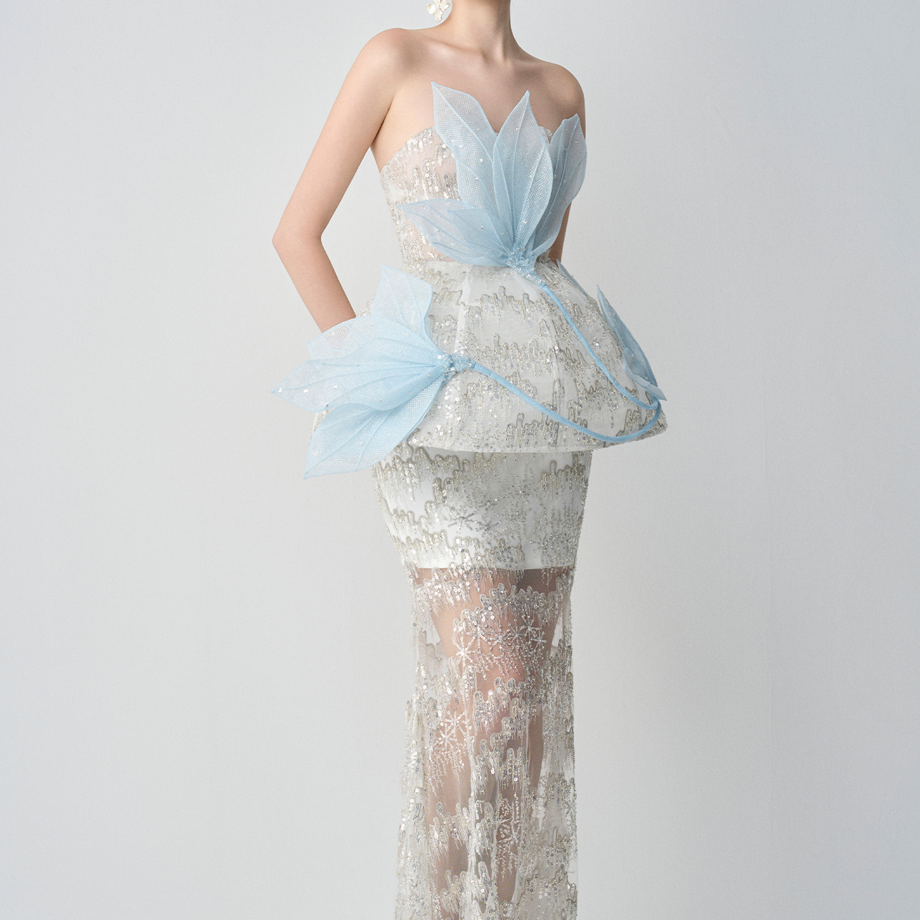 Snow-whisper Bandeau Corset Maxi Dress With 3D Petal Layers 4