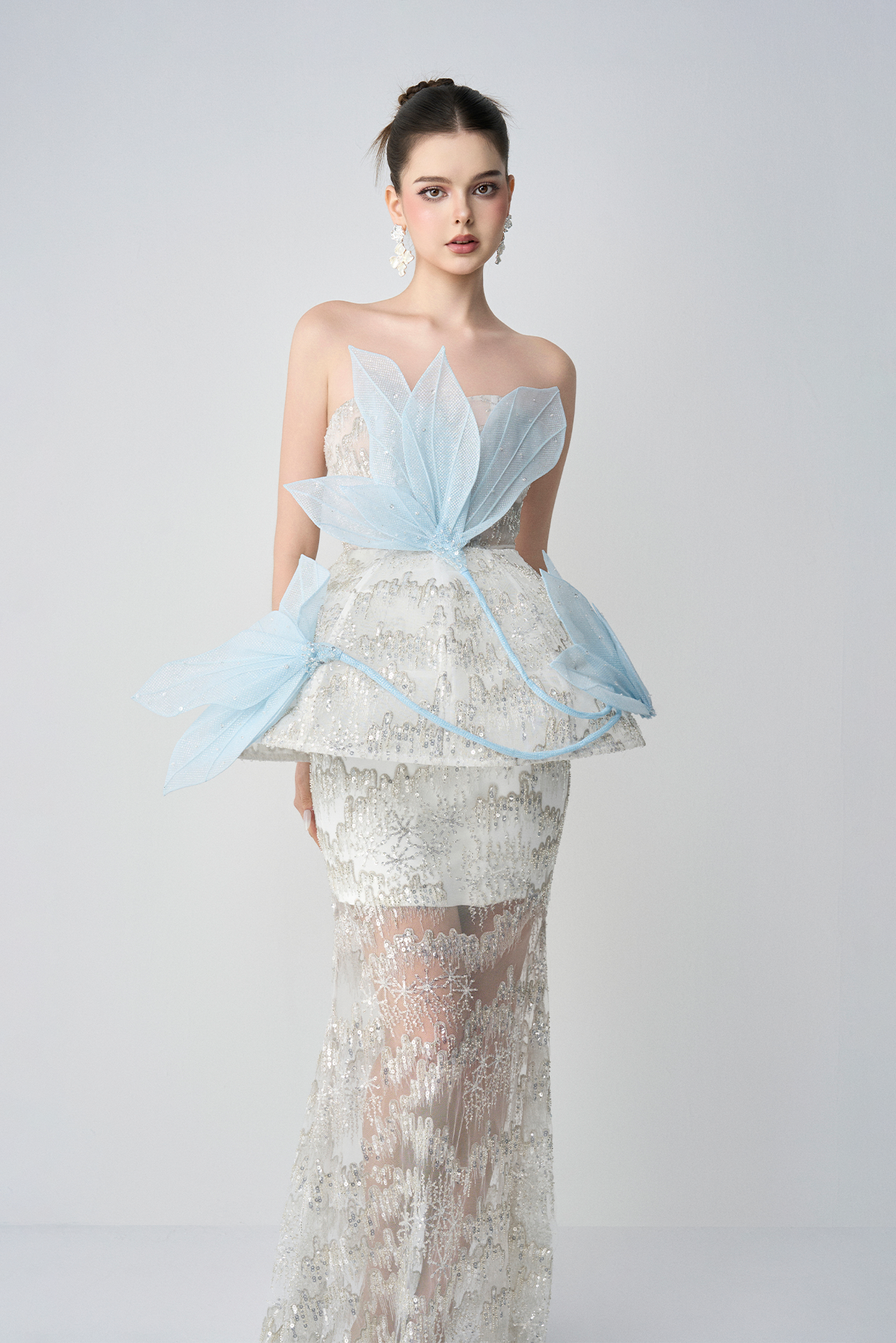 Snow-whisper Bandeau Corset Maxi Dress With 3D Petal Layers 3