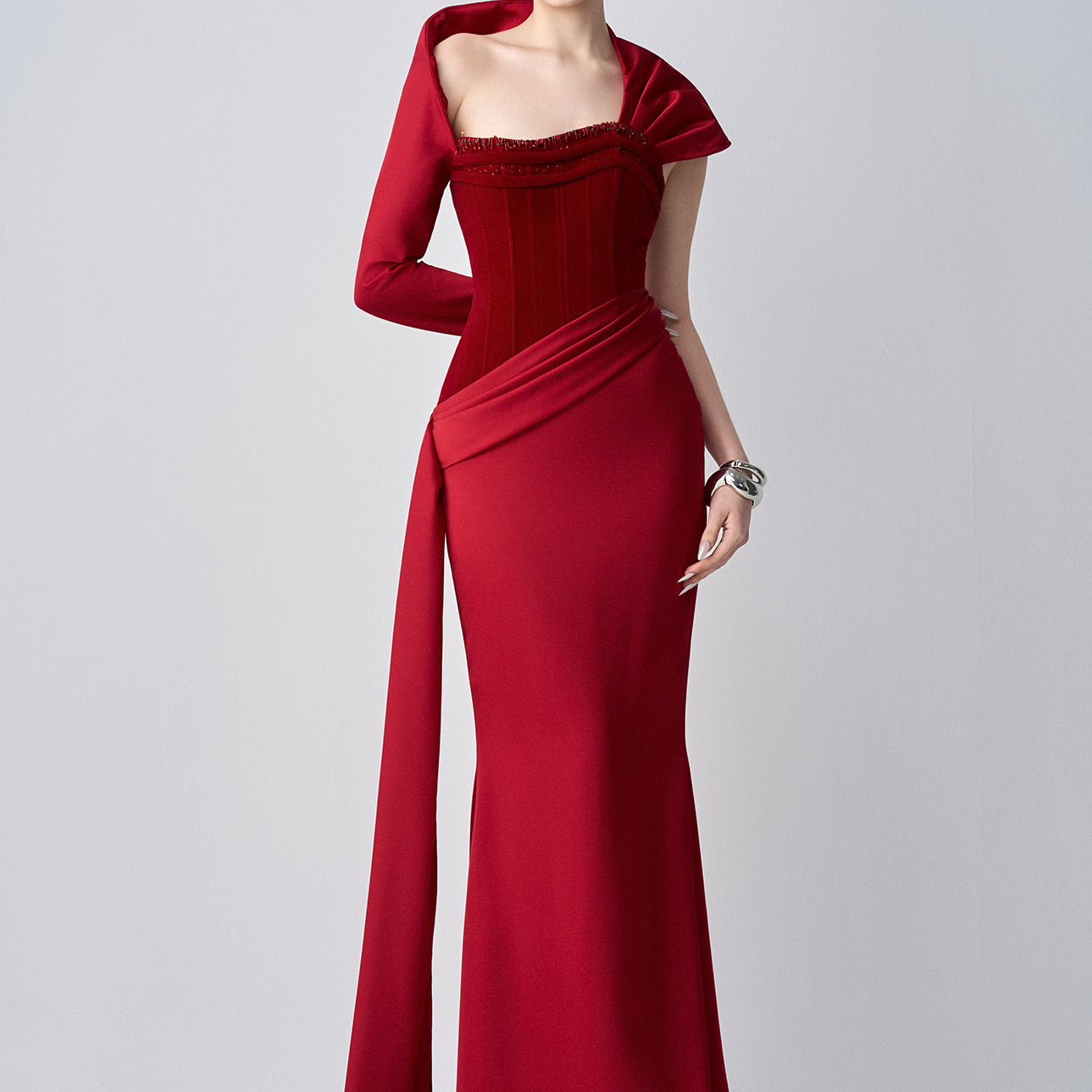 Julia Strapless Corset Maxi Dress With One Sleeve Draped Scarf 3