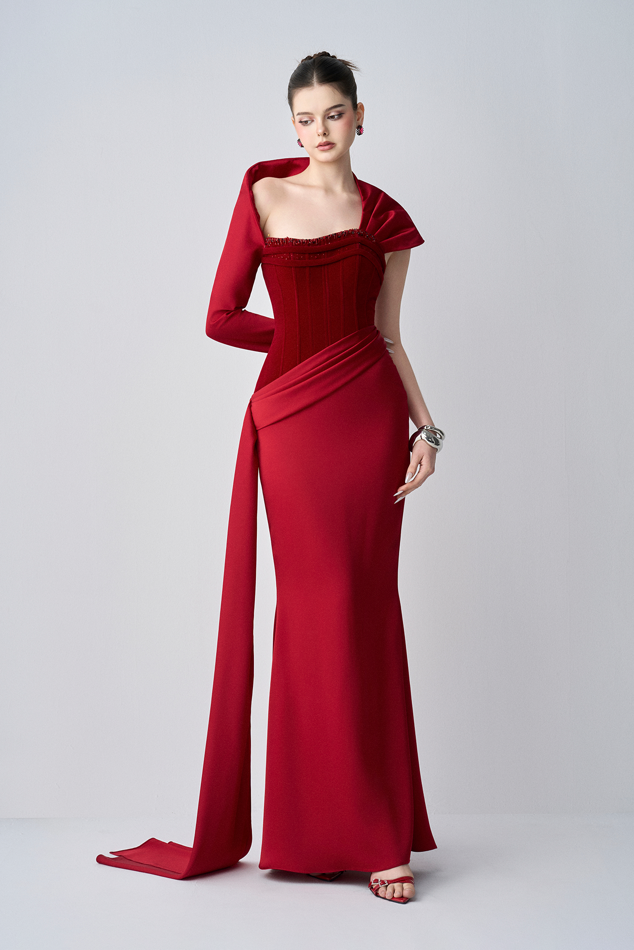 Julia Strapless Corset Maxi Dress With One Sleeve Draped Scarf 3