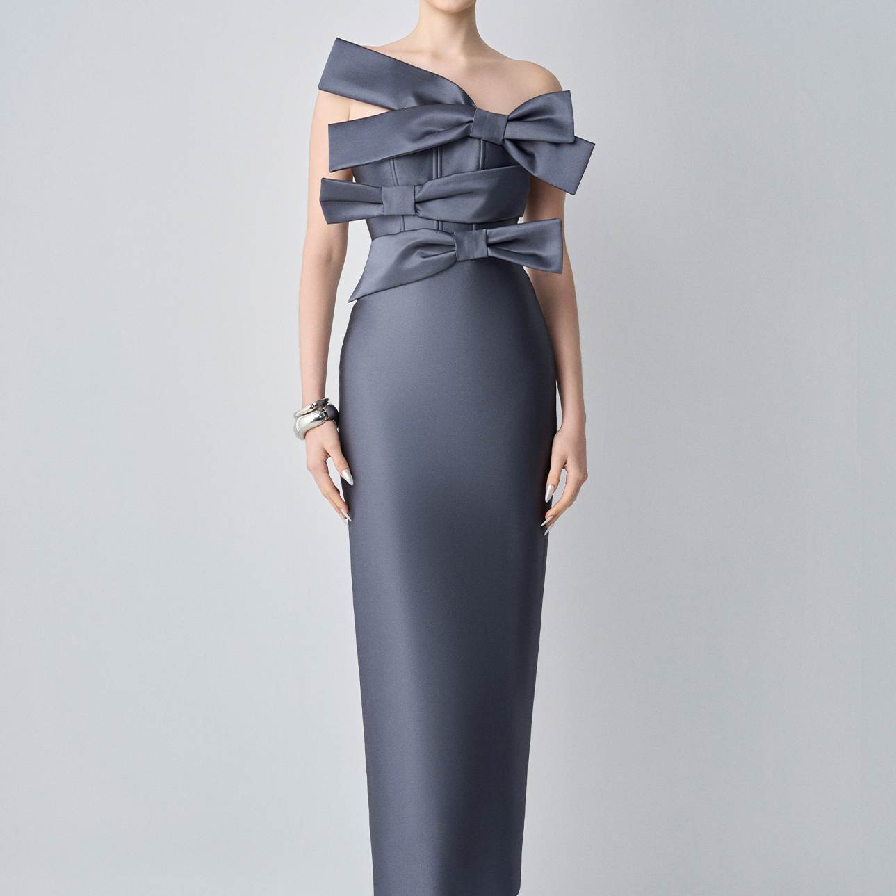 Cindra Couture Bandeau 3D Bows Maxi Dress
