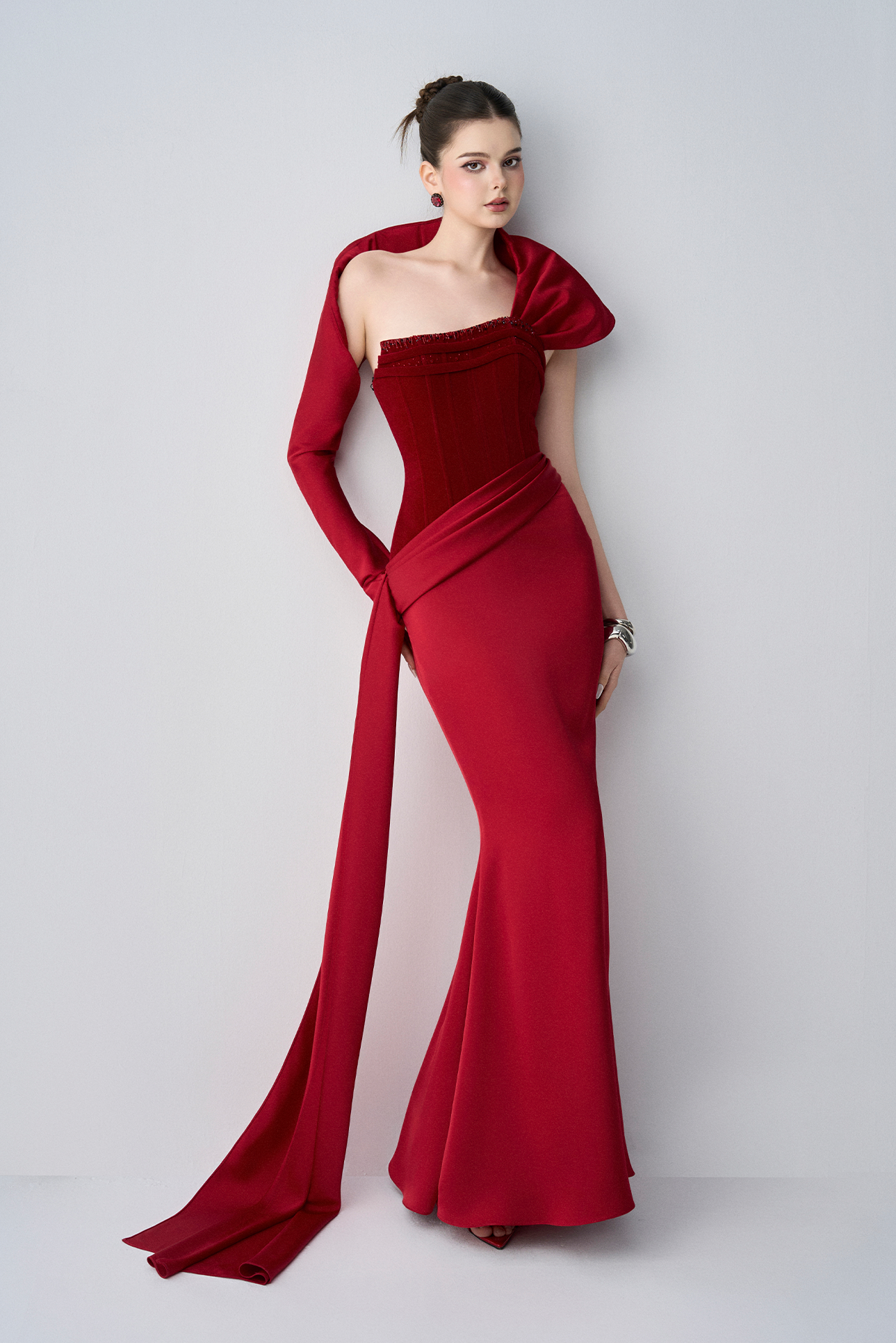 Julia Strapless Corset Maxi Dress With One Sleeve Draped Scarf 4