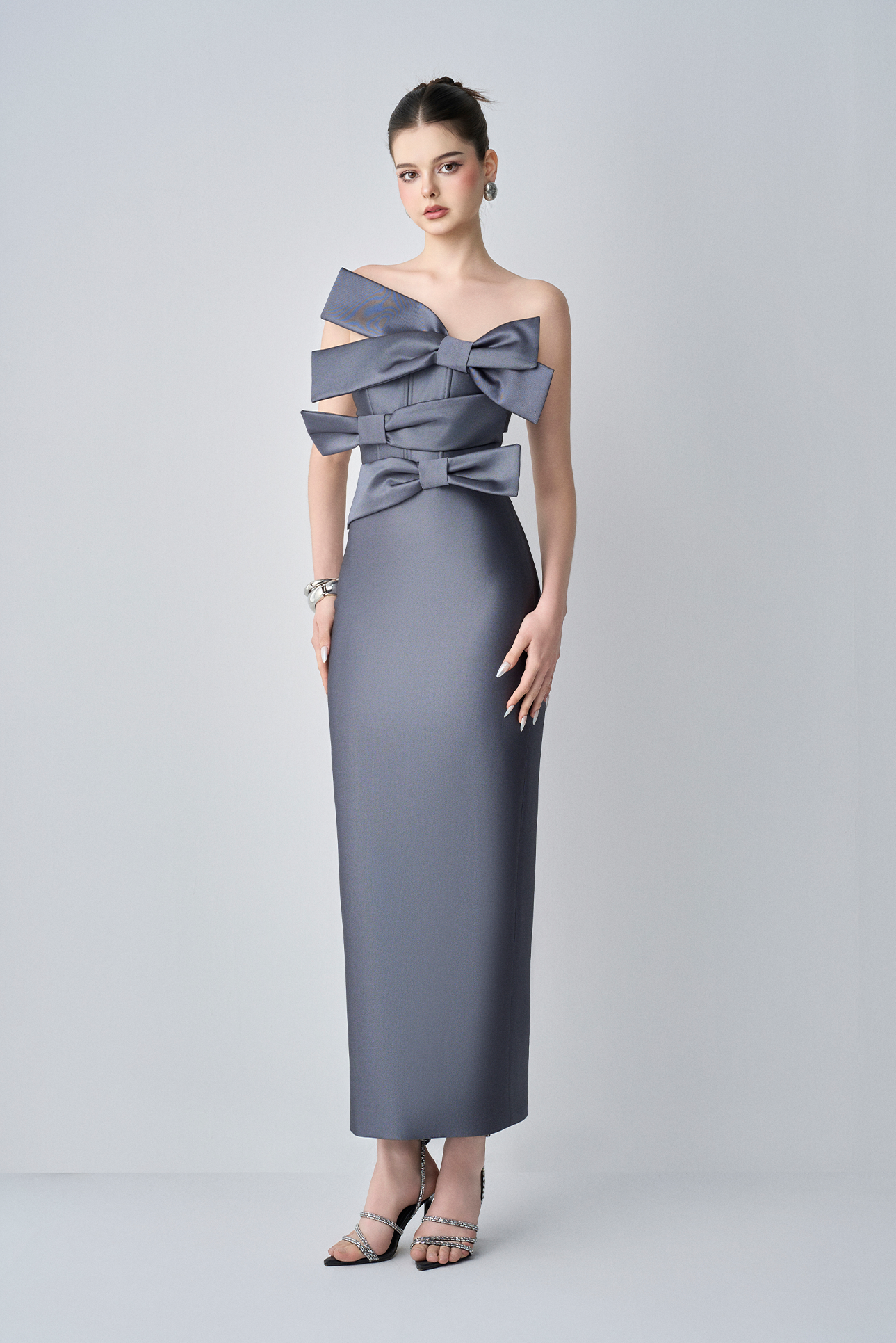 Cindra Couture Bandeau 3D Bows Maxi Dress 4