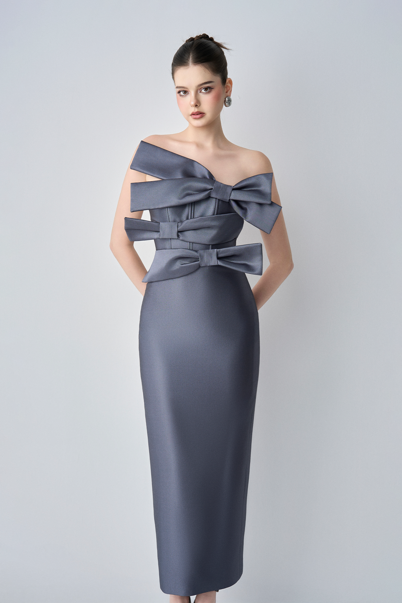 Cindra Couture Bandeau 3D Bows Maxi Dress 3