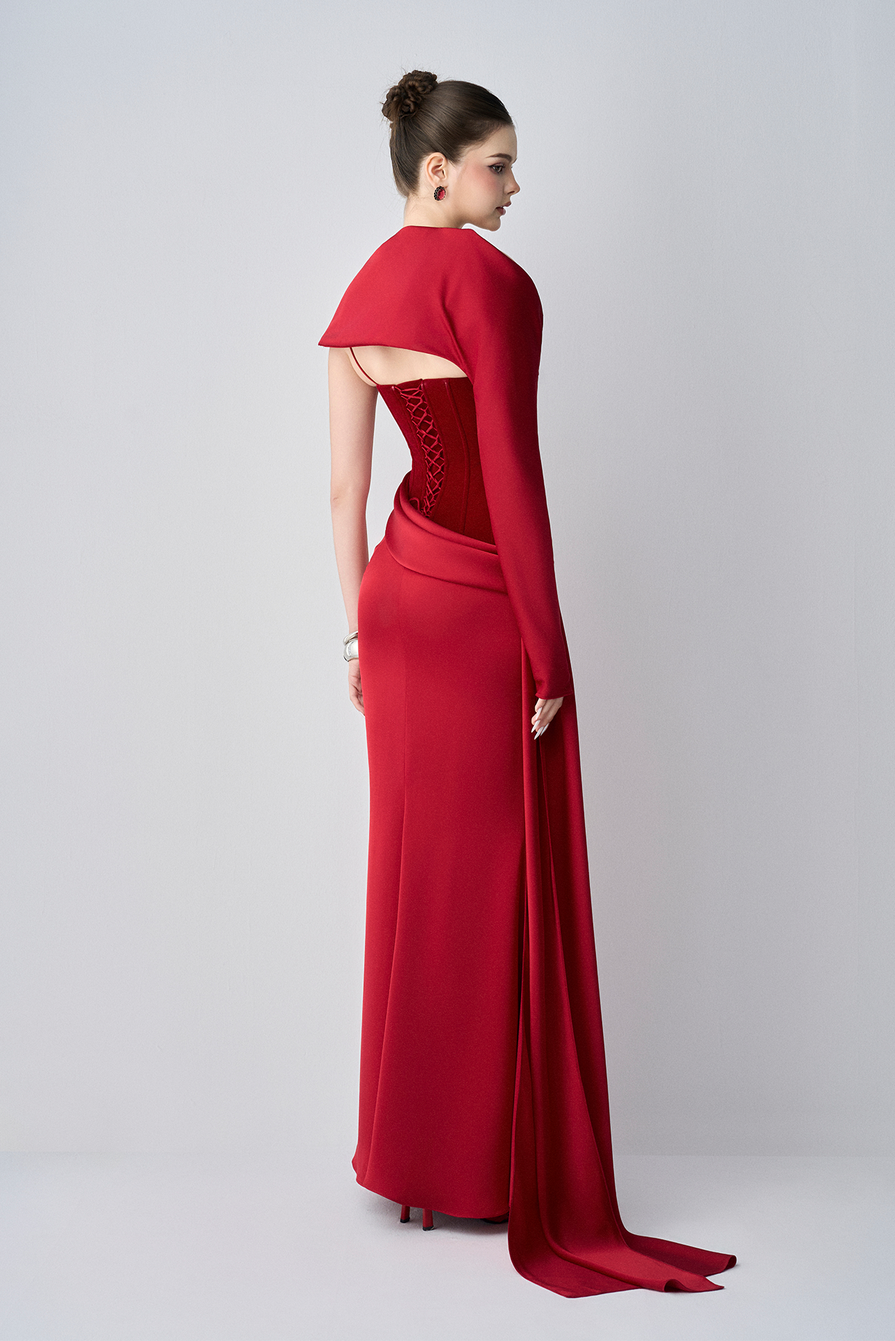 Julia Strapless Corset Maxi Dress With One Sleeve Draped Scarf Crimson / Customize