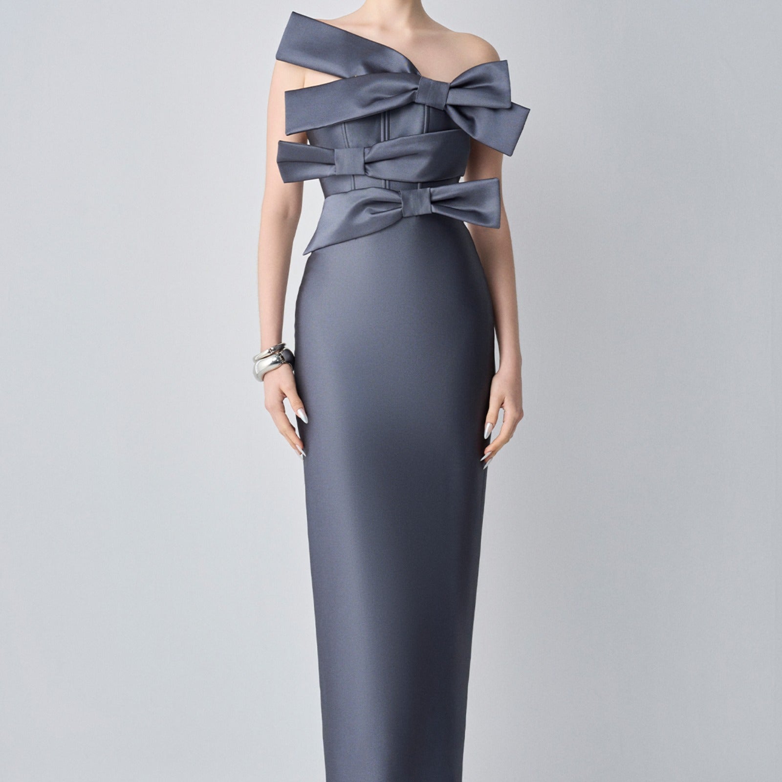 Cindra Couture Bandeau 3D Bows Maxi Dress