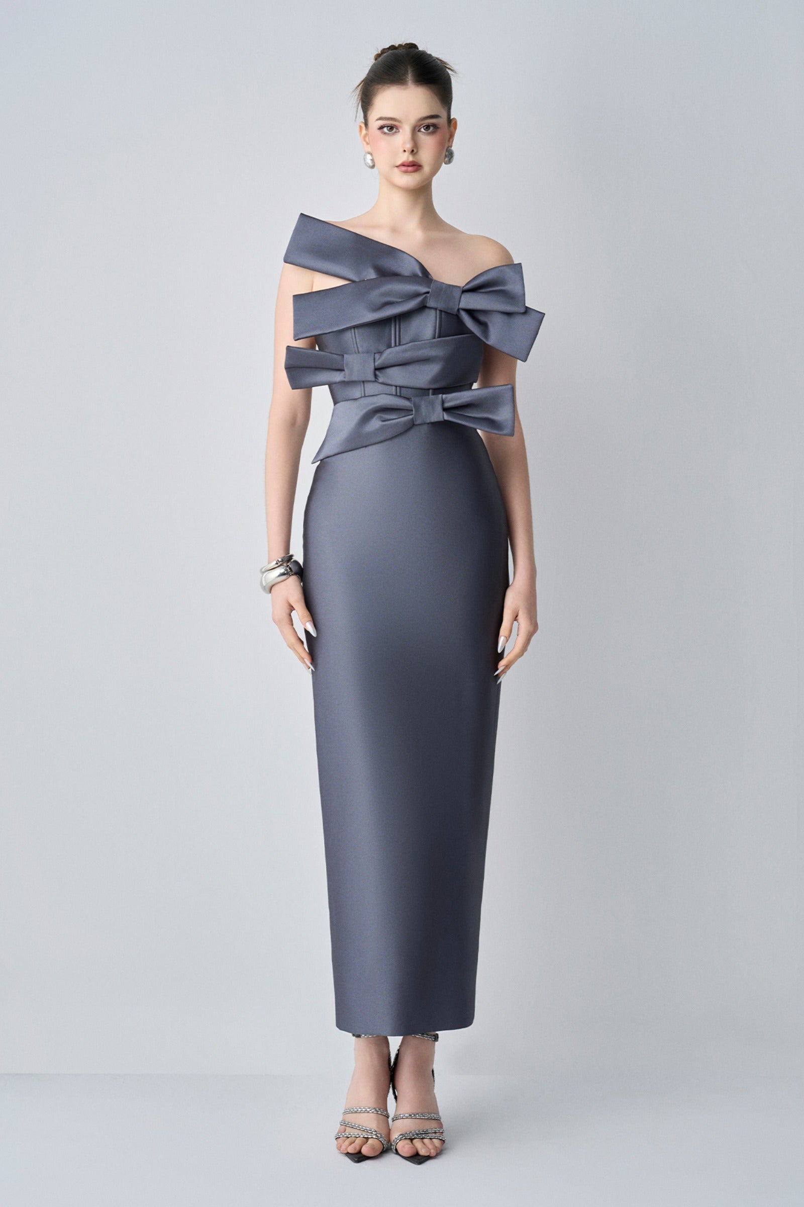 Cindra Couture Bandeau 3D Bows Maxi Dress