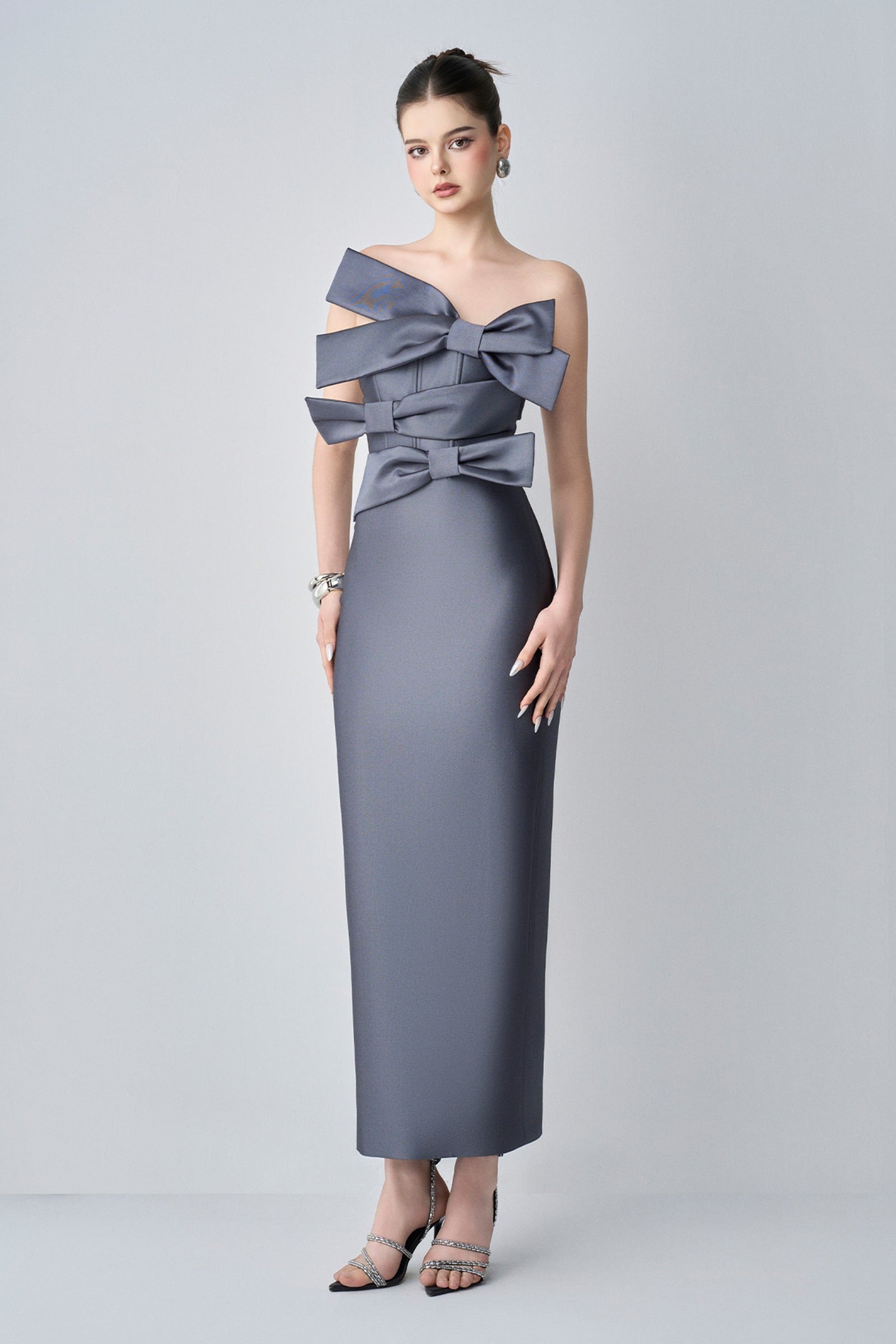 Cindra Couture Bandeau 3D Bows Maxi Dress
