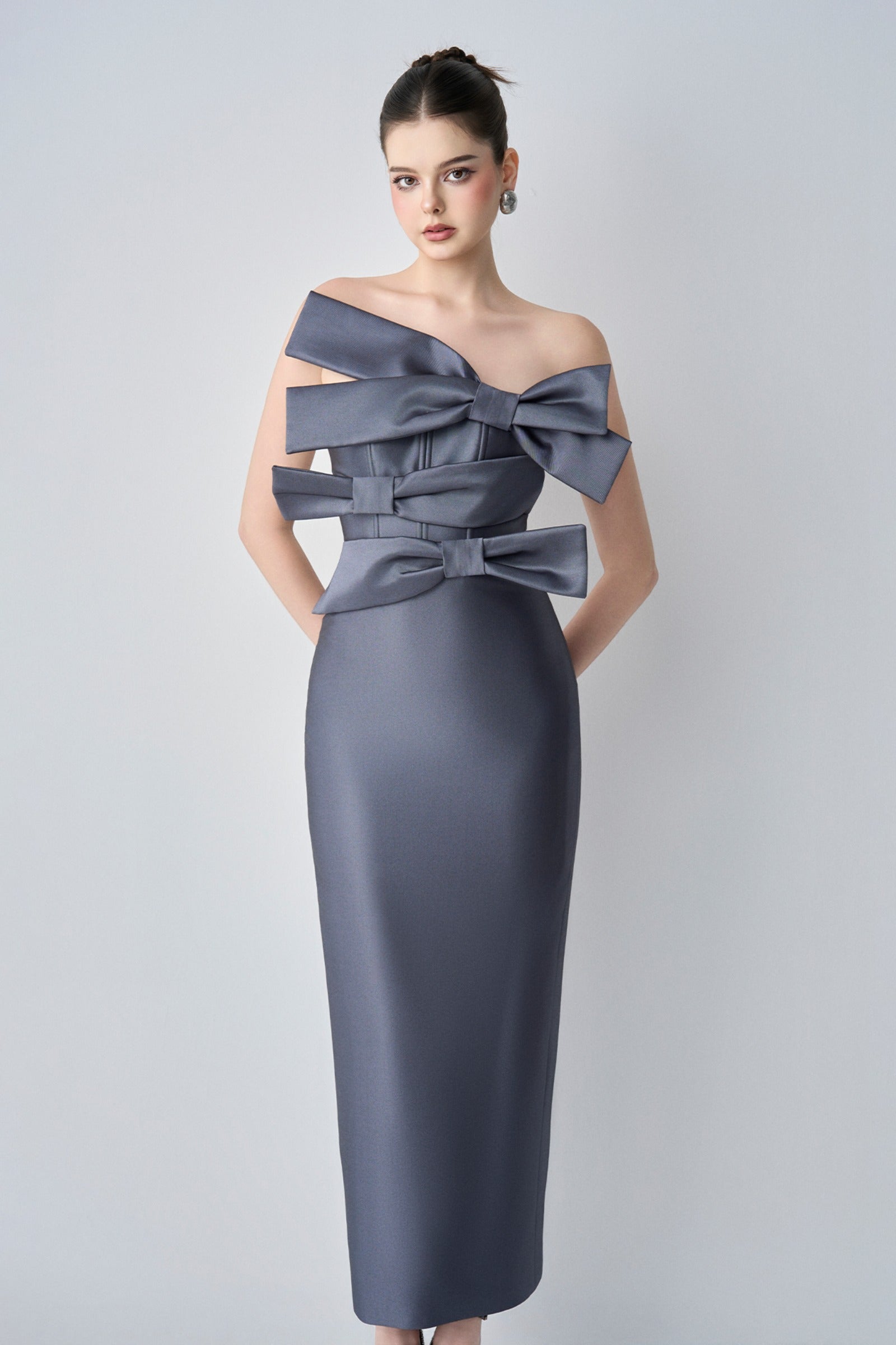 Cindra Couture Bandeau 3D Bows Maxi Dress