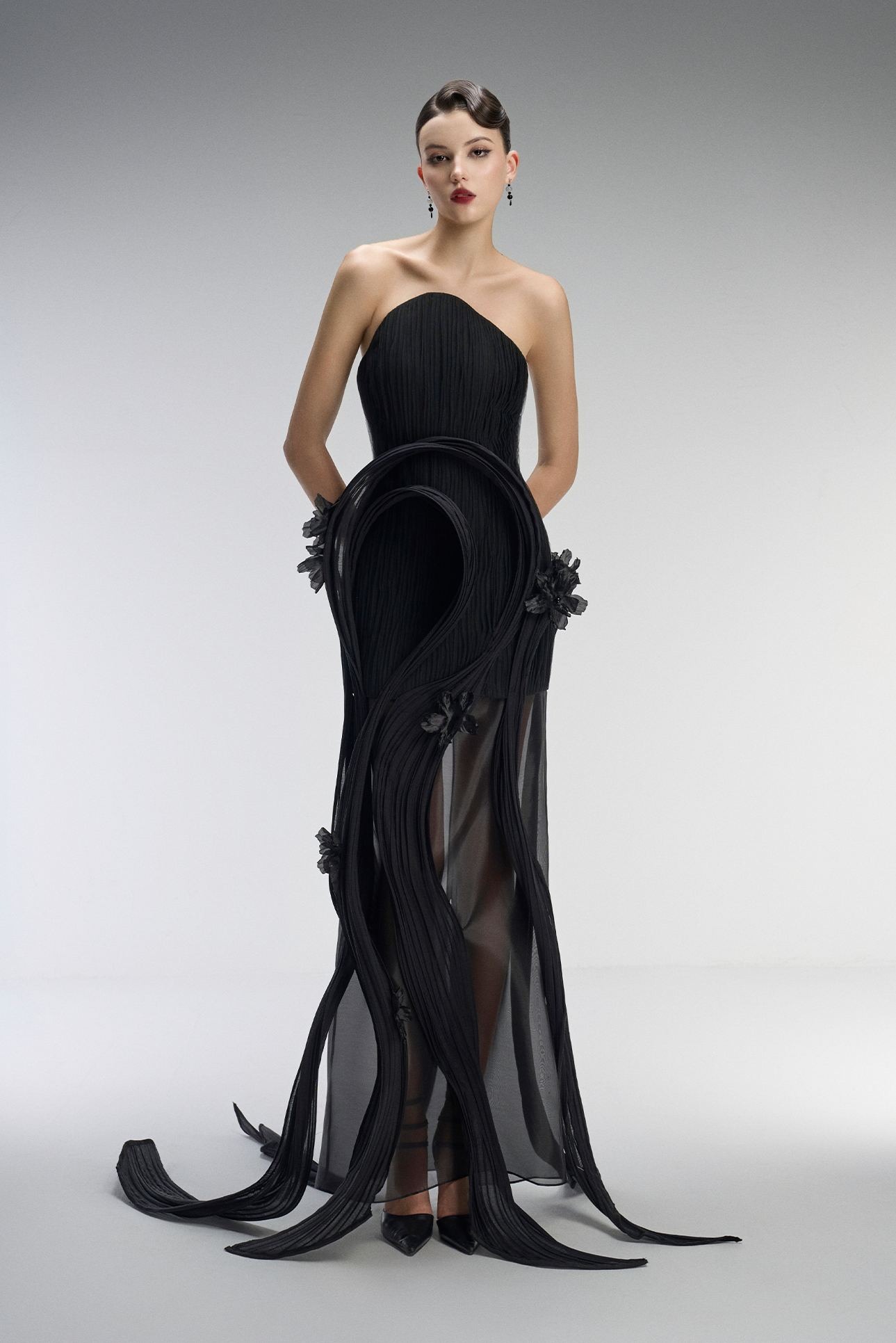 Dusk Couture Bandeau 3D Pleated Plissé Maxi Dress 4
