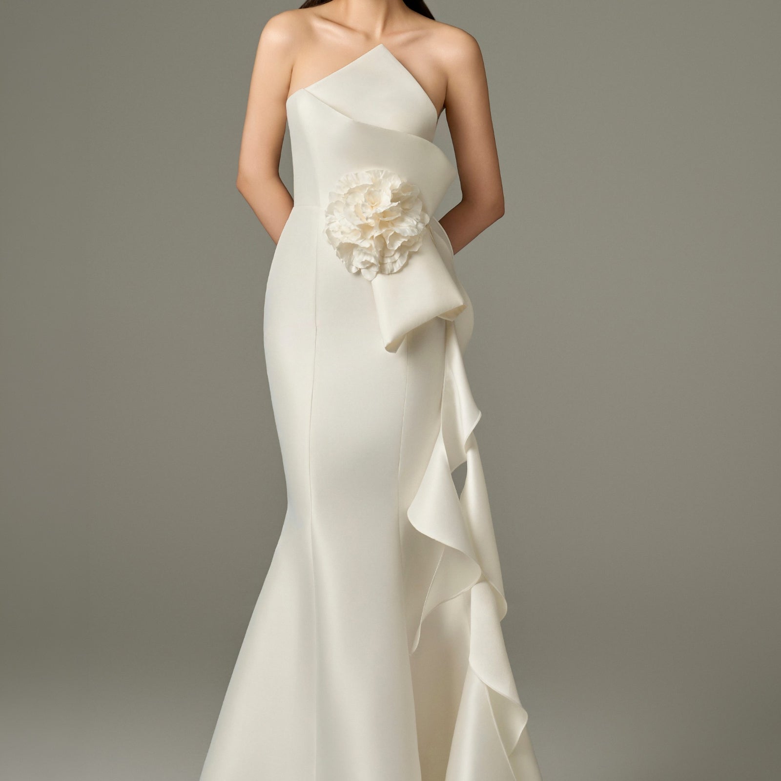 Isabella Acetate Bandeau Fishtail Gown With 3D Large Flower