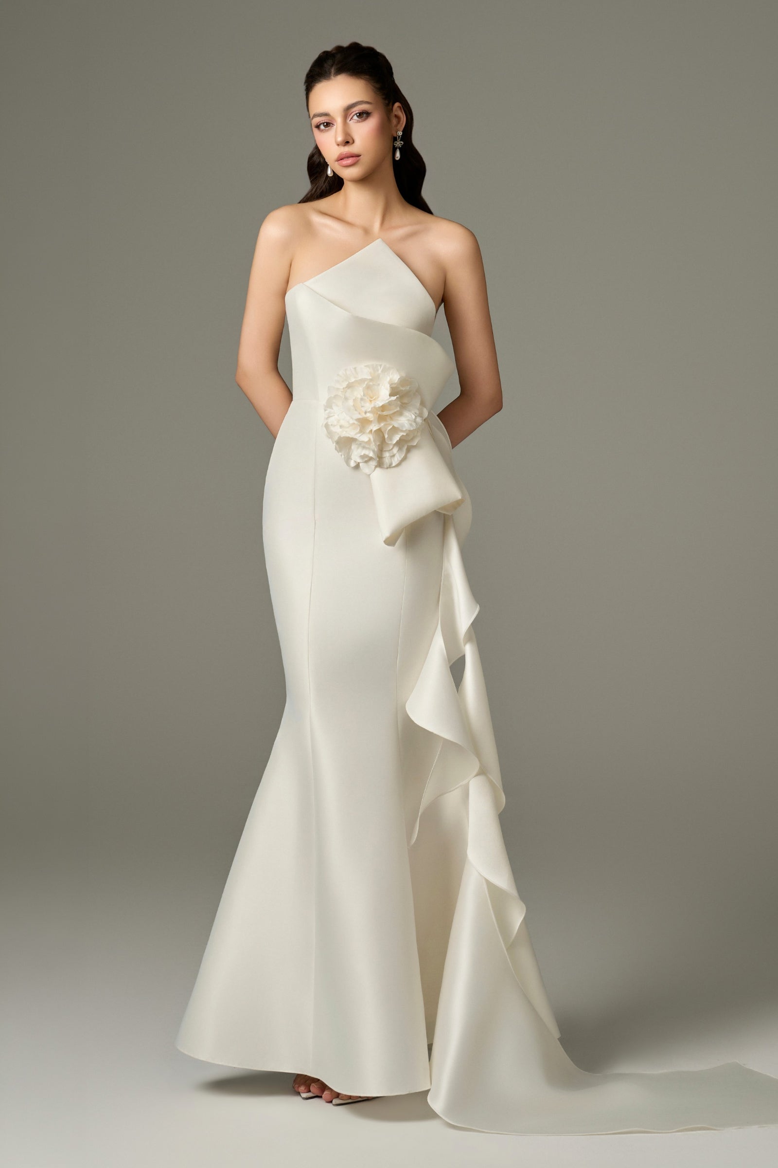 Isabella Acetate Bandeau Fishtail Gown With 3D Large Flower
