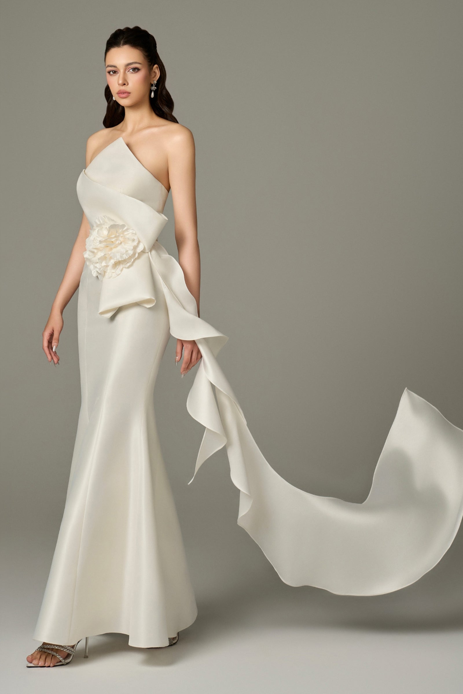 Isabella Acetate Bandeau Fishtail Gown With 3D Large Flower