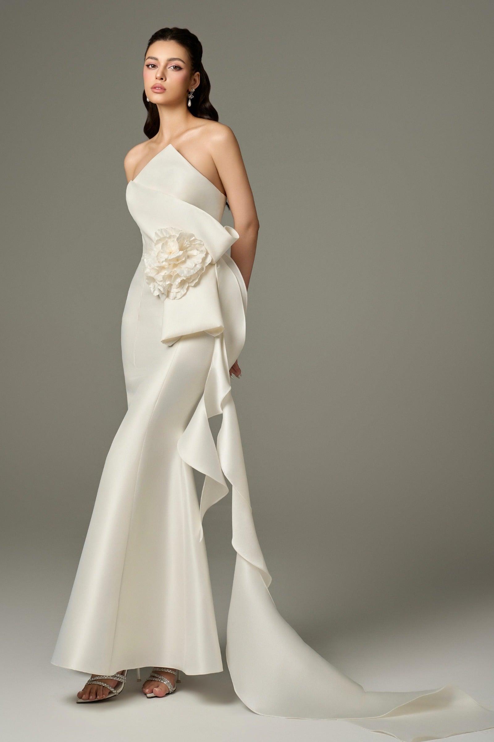 Isabella Acetate Bandeau Fishtail Gown With 3D Large Flower