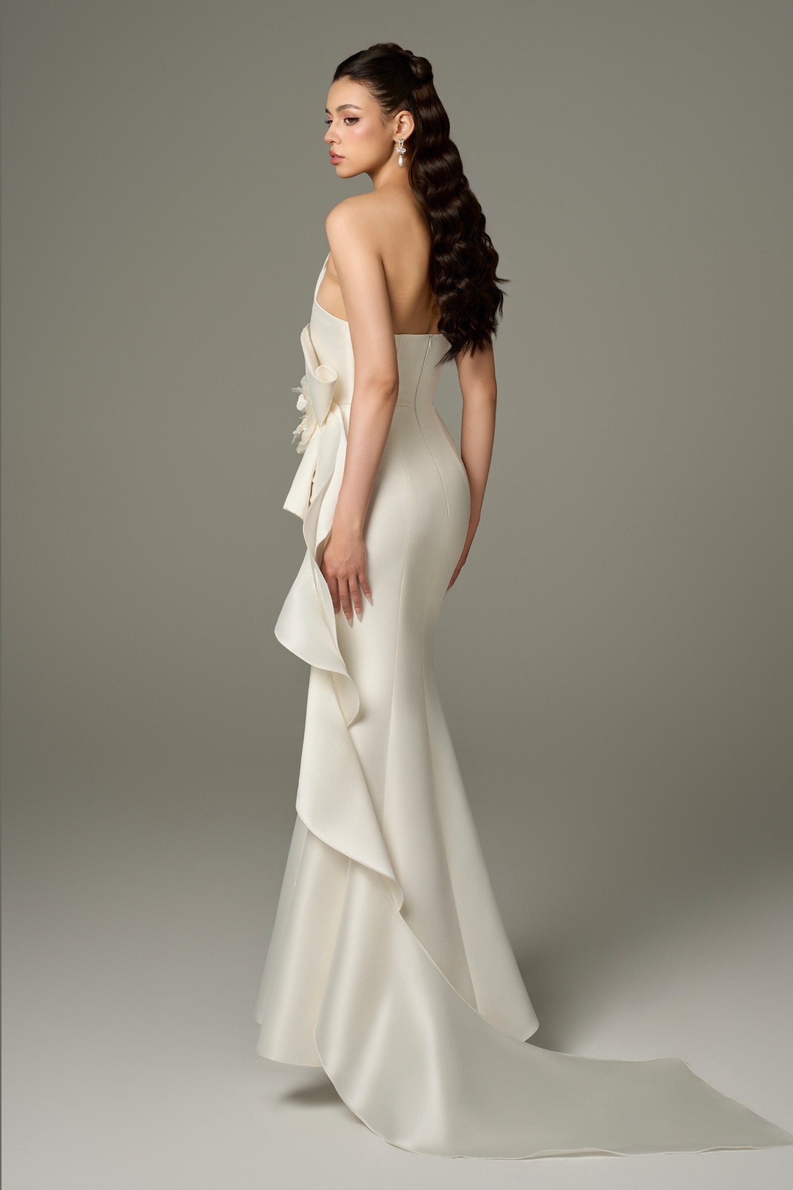 Isabella Acetate Bandeau Fishtail Gown With 3D Large Flower