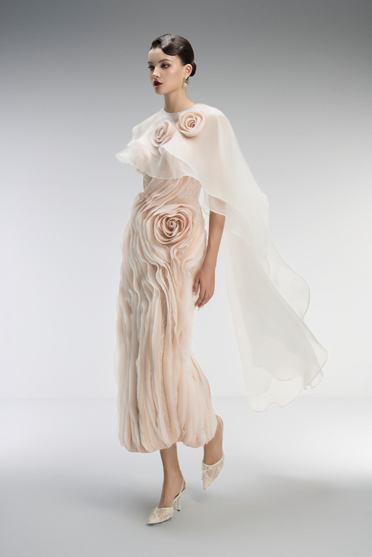 Ember Couture Dual Style Bandeau Layered 3D Roses Maxi Dress With Veil 4