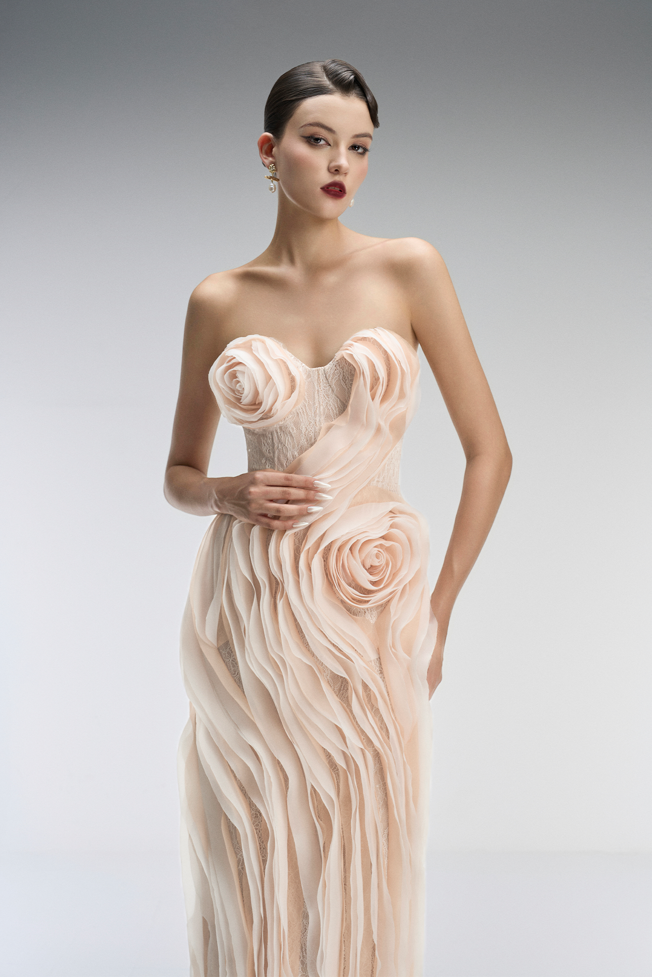 Ember Couture Dual Style Bandeau Layered 3D Roses Maxi Dress With Veil 3