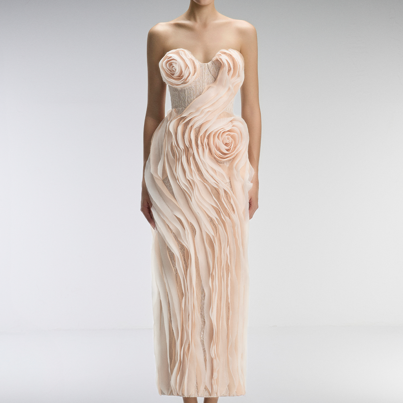 Ember Couture Dual Style Bandeau Layered 3D Roses Maxi Dress With Veil 2