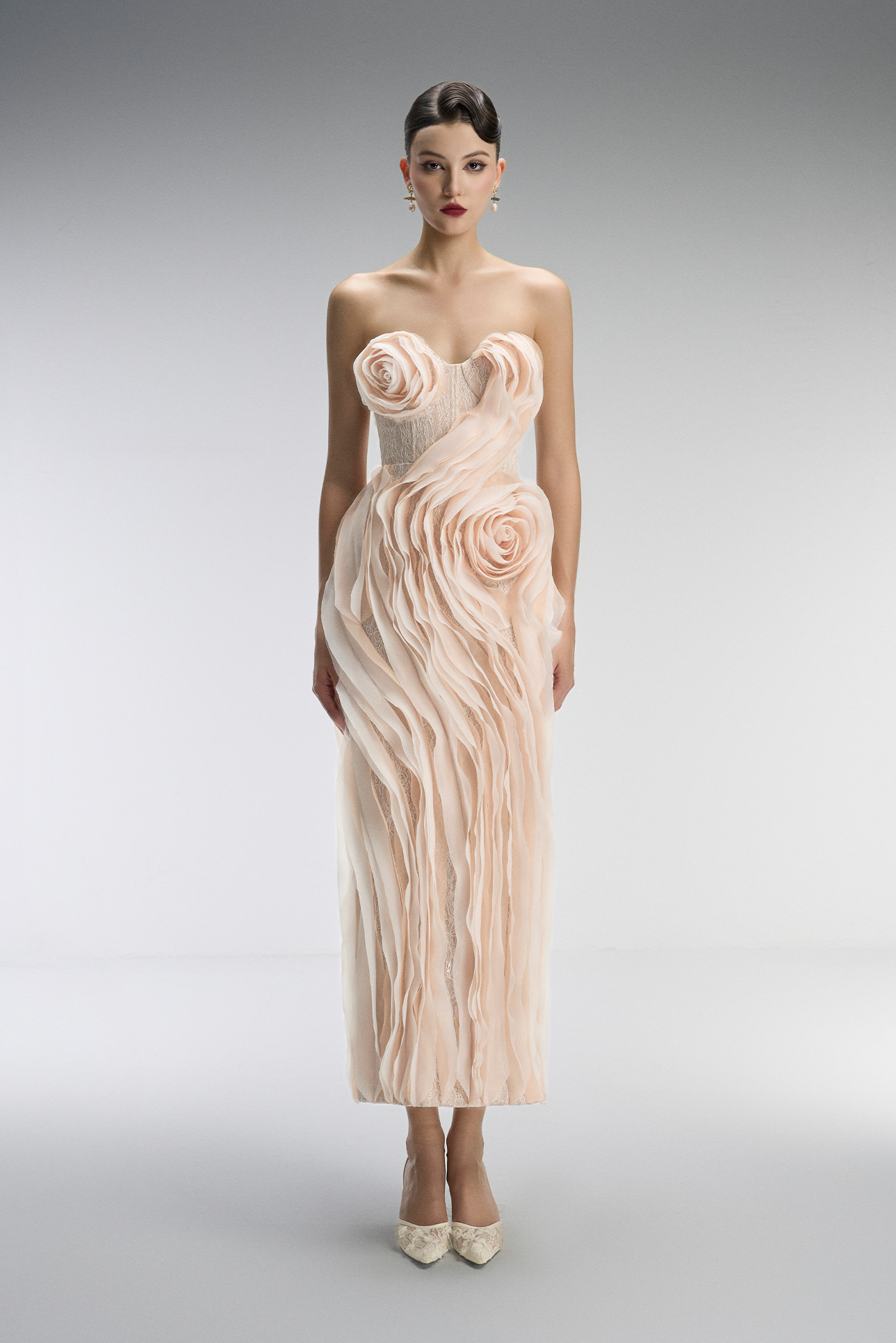 Ember Couture Dual Style Bandeau Layered 3D Roses Maxi Dress With Veil 2