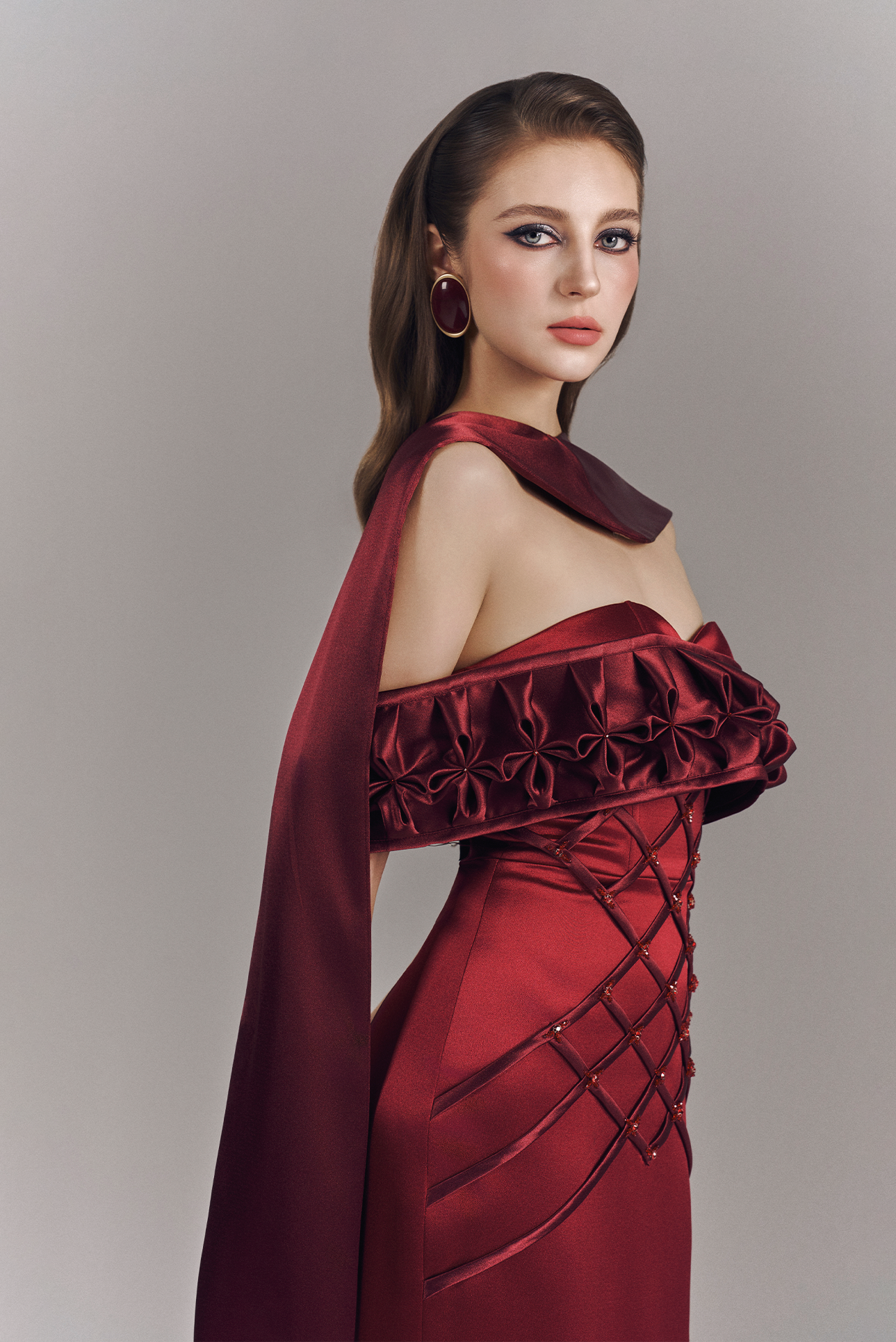 Aurelia Off Shoulder Hand-Smocked Maxi Dress With Neck Scarf 3