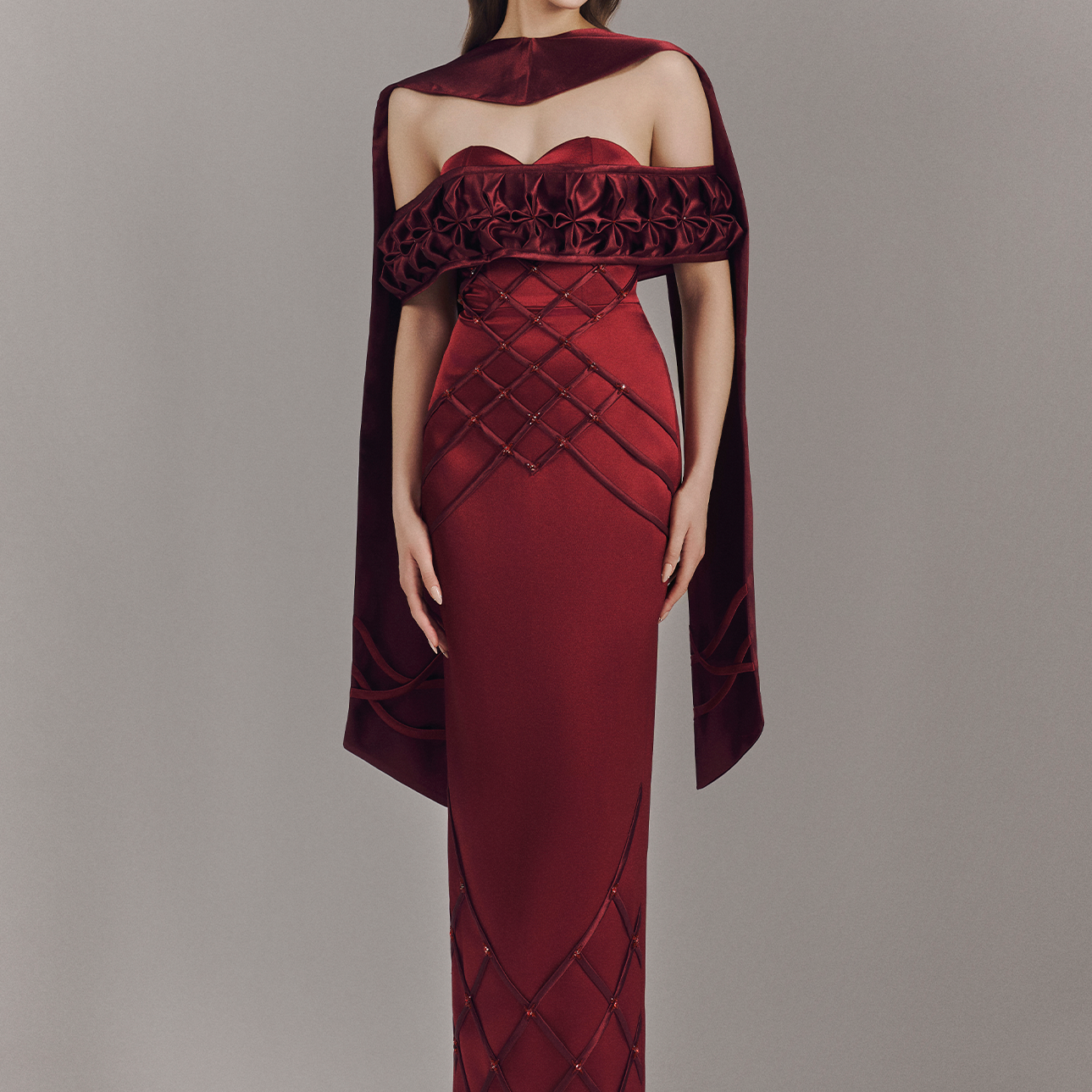 Aurelia Off Shoulder Hand-Smocked Maxi Dress With Neck Scarf