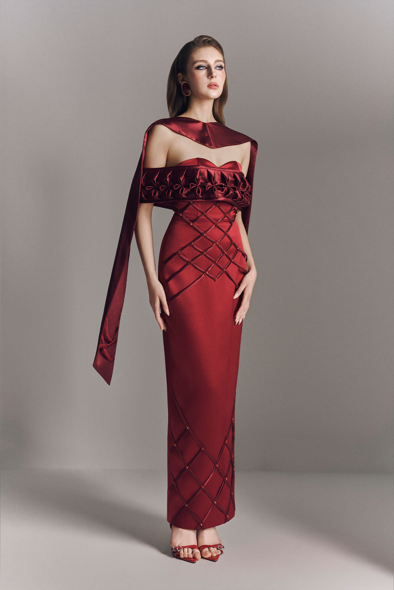 Aurelia Off Shoulder Hand-Smocked Maxi Dress With Neck Scarf 5