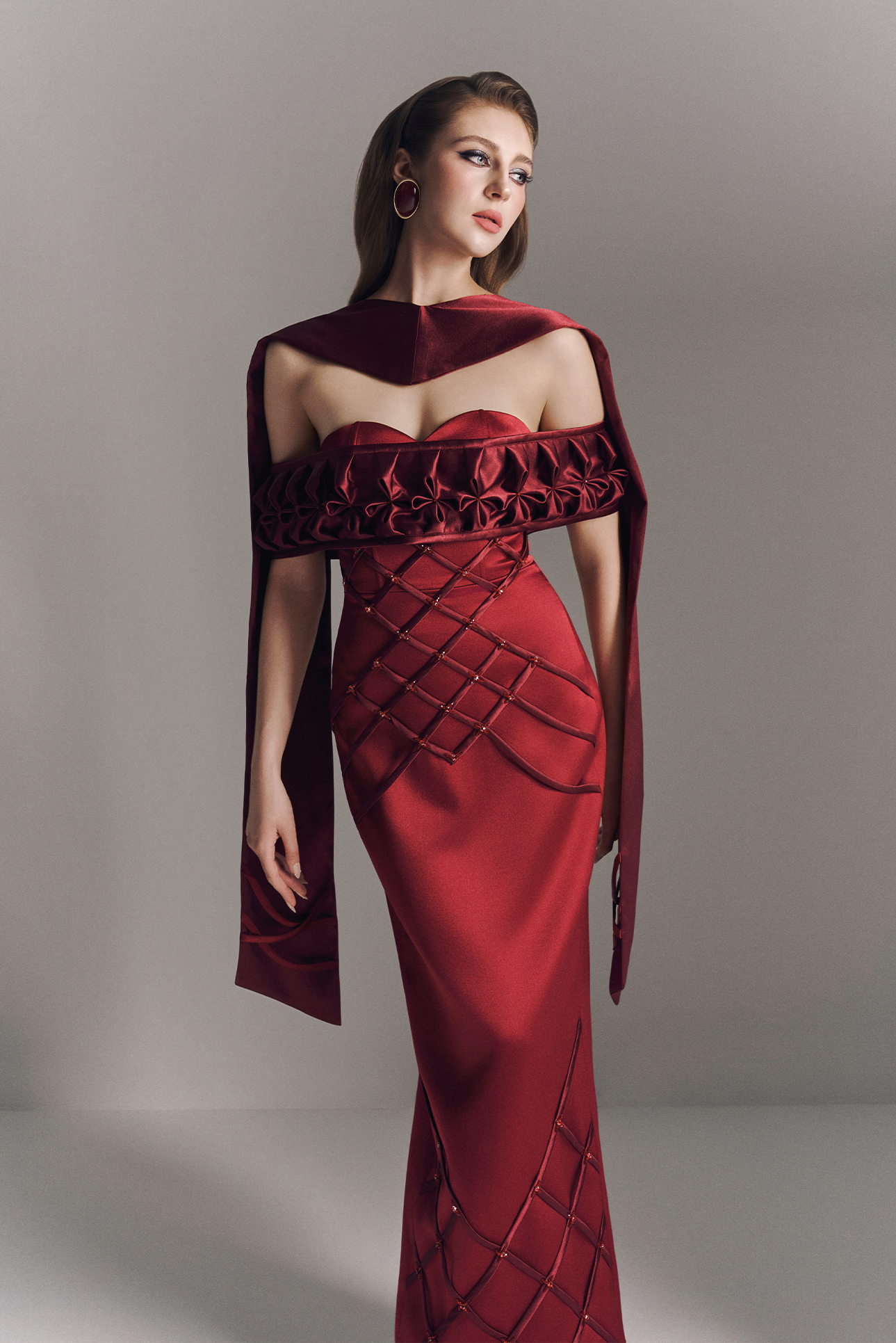 Aurelia Off Shoulder Hand-Smocked Maxi Dress With Neck Scarf 4