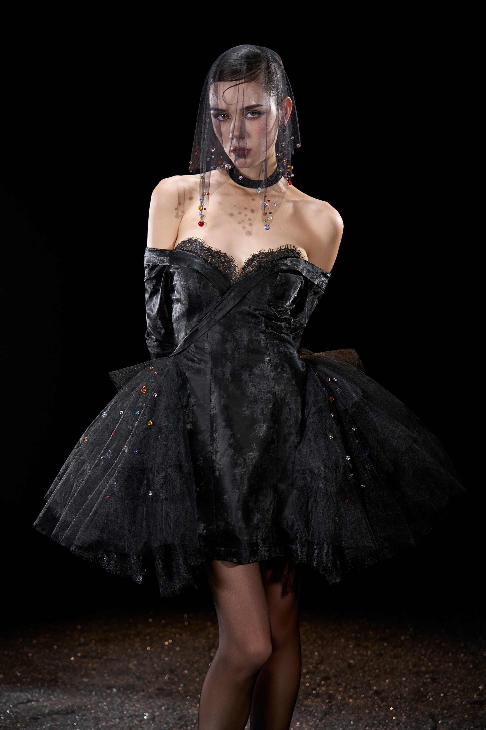Nexus Gothic Off Shoulder Lace Trim Sweetheart Velvet Mini Dress 5