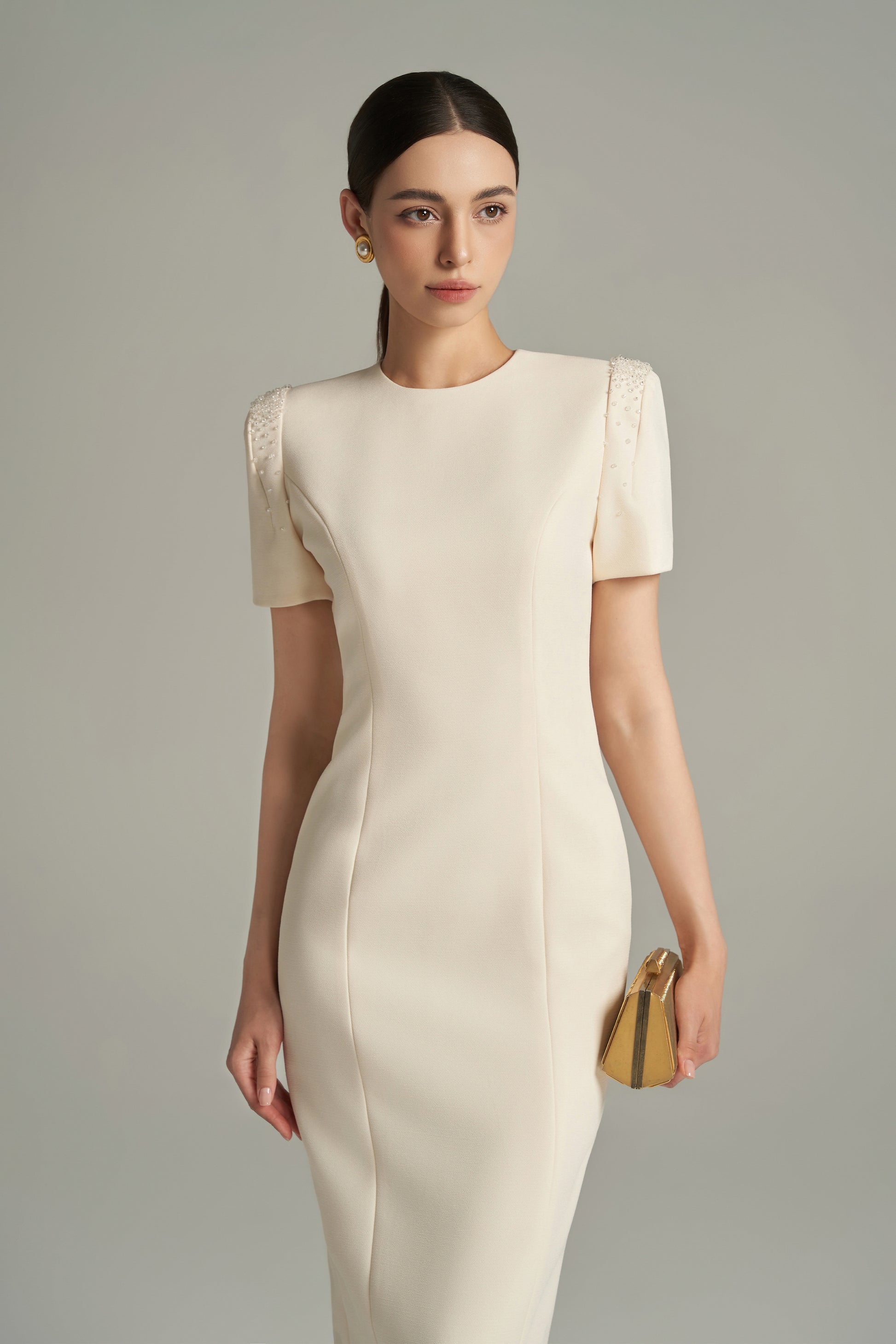 Fernanda Bodycon Bead Scuba Calf Length Dress