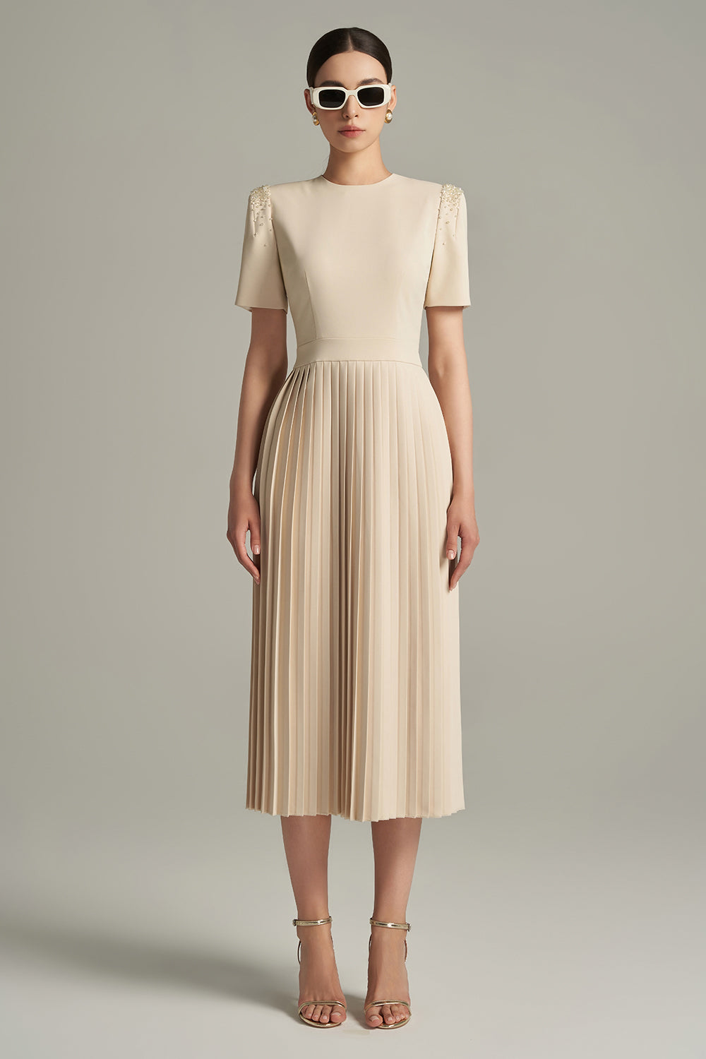 Brianna A-line Pleated Twill Calf Length Dress