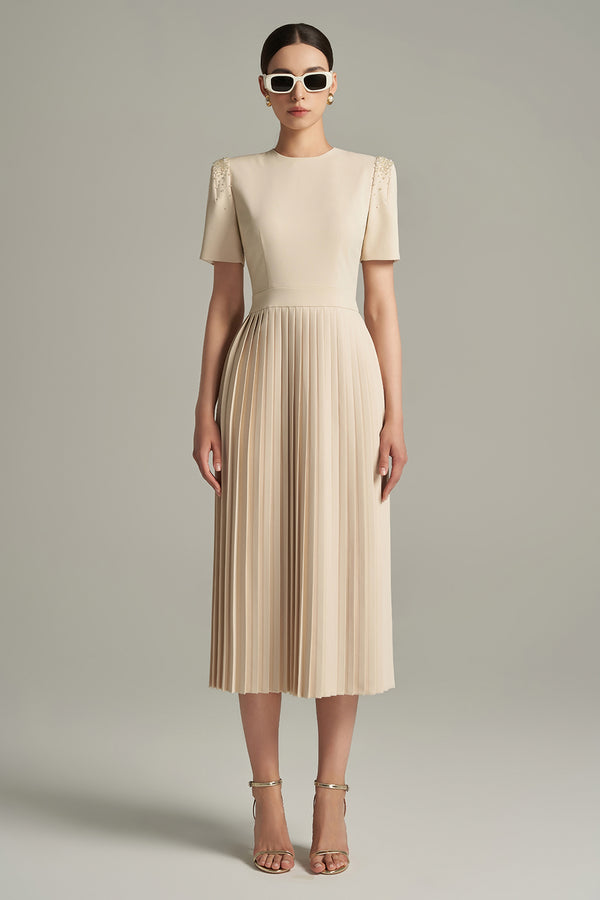 Brianna A-line Pleated Twill Calf Length Dress