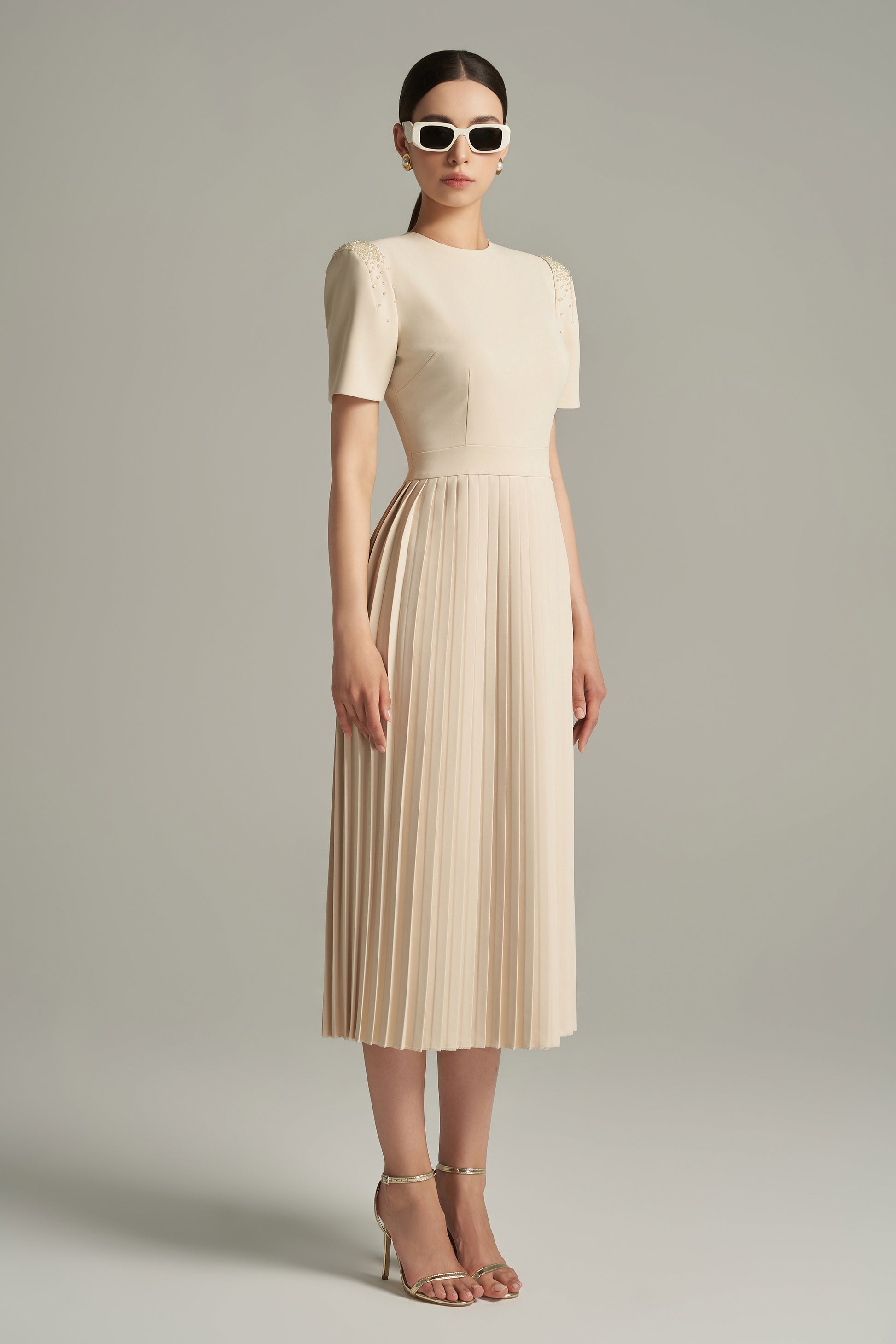 Women's Brianna A-line Pleated Twill Calf Length Dress S/M/L/XL/Customize Ivory MEAN BLVD