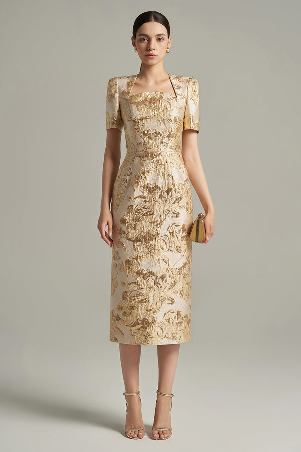 Adriana Sheath Queen Anne Neck Lace Brocade Length Dress