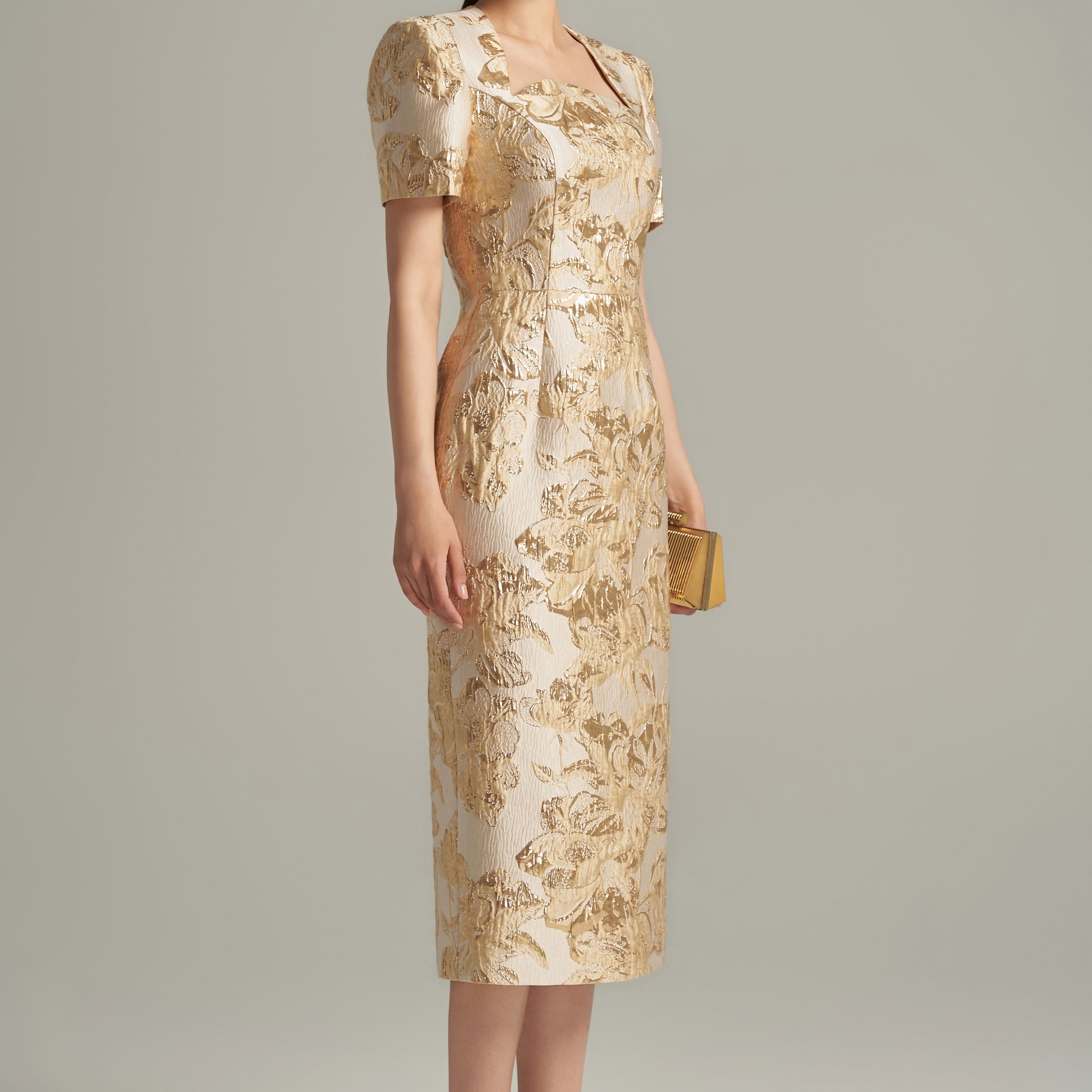 Adriana Sheath Queen Anne Neck Lace Brocade Length Dress