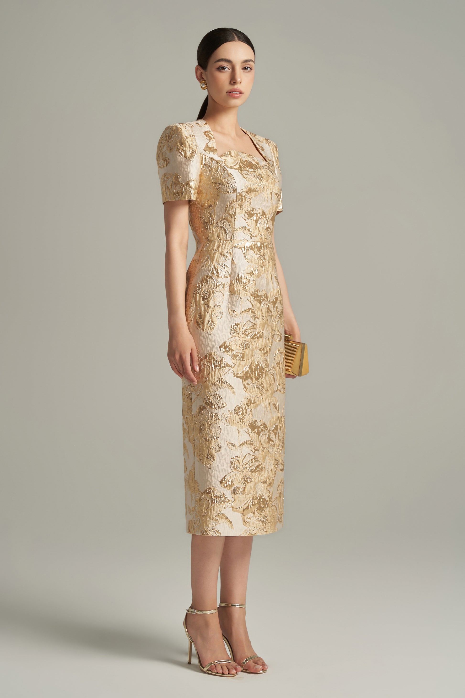 Adriana Sheath Queen Anne Neck Lace Brocade Length Dress - Beige Champagne / S Adriana Sheath Queen Anne Neck Lace Brocade Length Dress - Beige Champagne / S