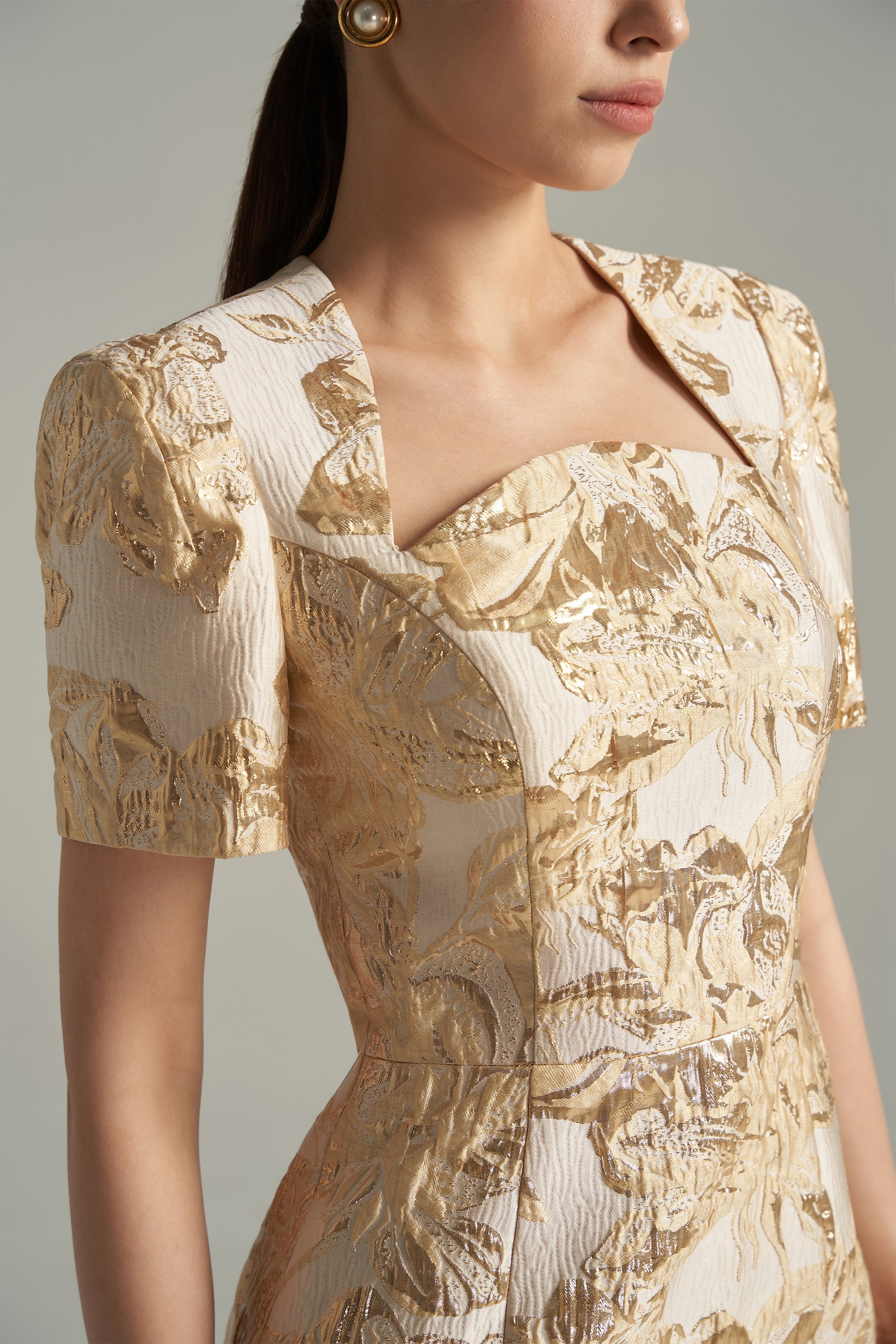 Adriana Sheath Queen Anne Neck Lace Brocade Length Dress