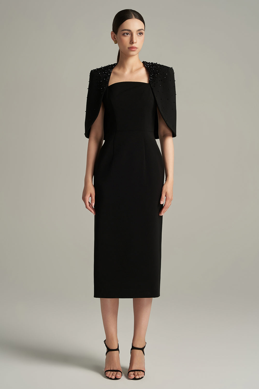 Gracelynn Sheath Cape Shoulder Crepe Calf Length Dress