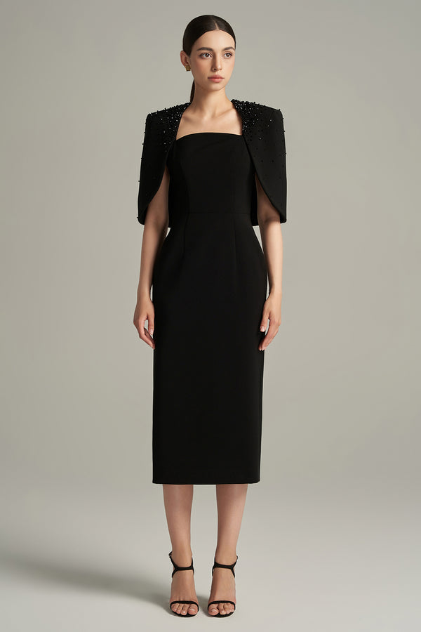 Gracelynn Sheath Cape Shoulder Crepe Calf Length Dress