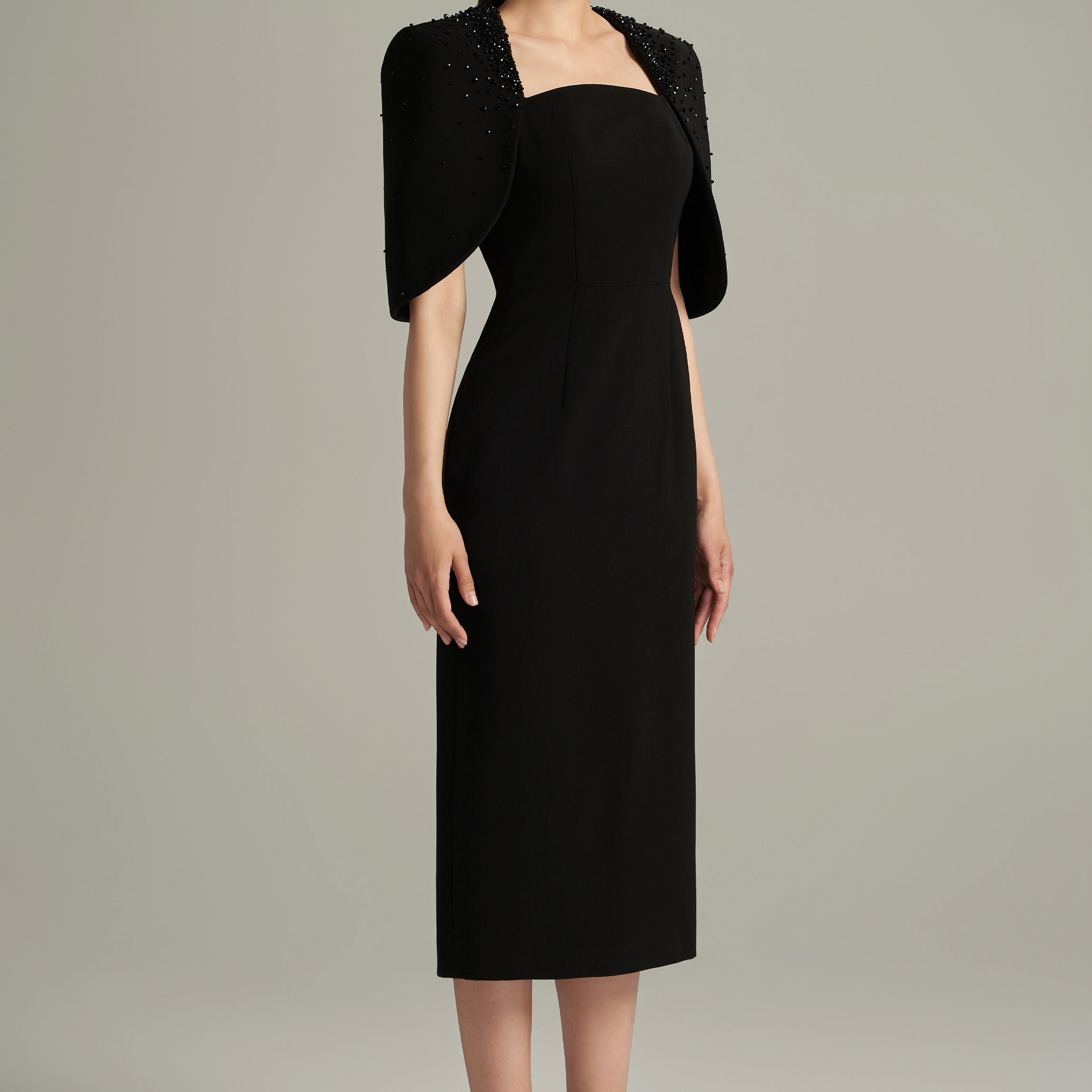 Gracelynn Sheath Cape Shoulder Crepe Calf Length Dress