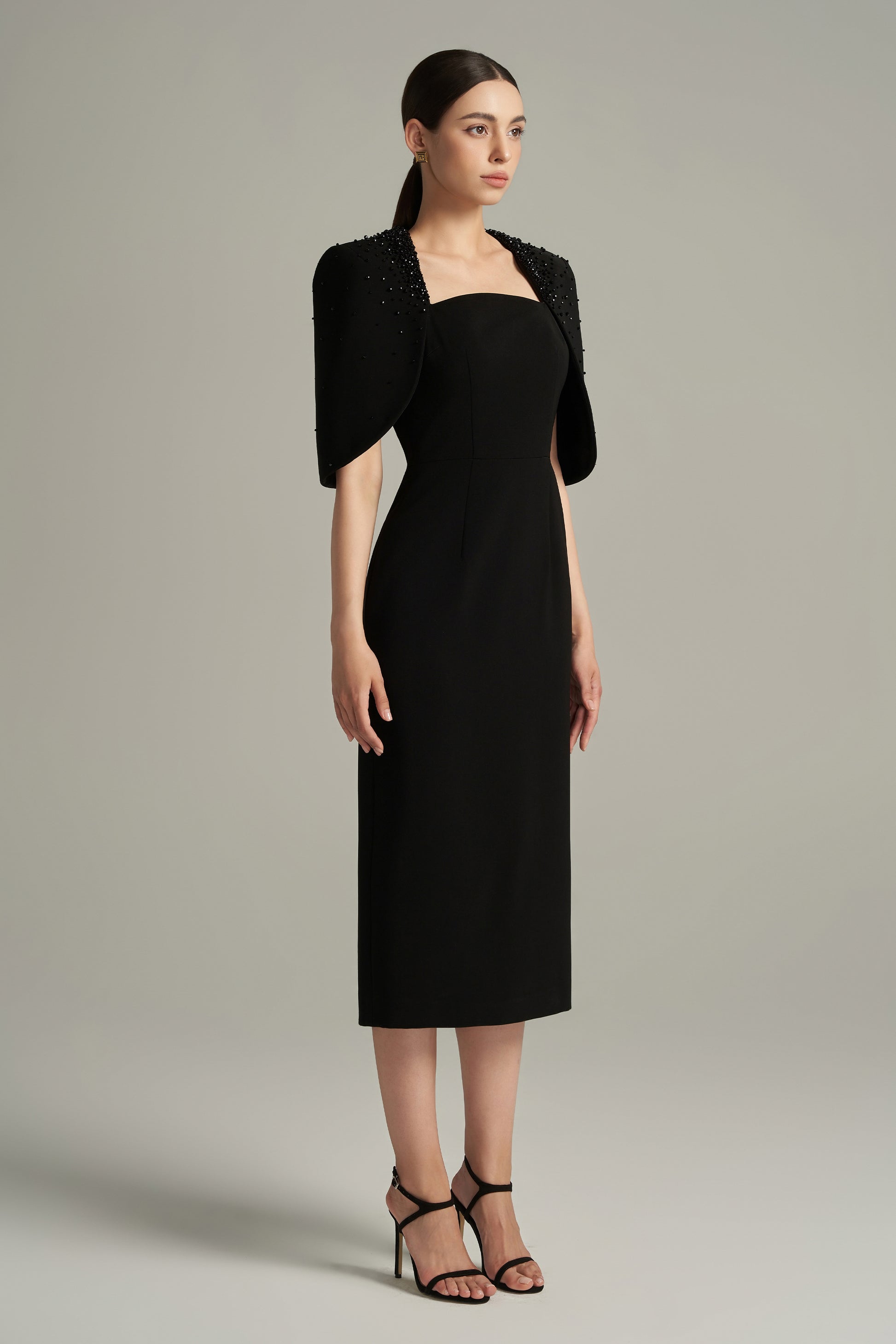 Women's Gracelynn Sheath Cape Shoulder Crepe Calf Length Dress S/M/L/XL/Customize Black MEAN BLVD Women's Gracelynn Sheath Cape Shoulder Crepe Calf Length Dress S/M/L/XL/Customize Black MEAN BLVD