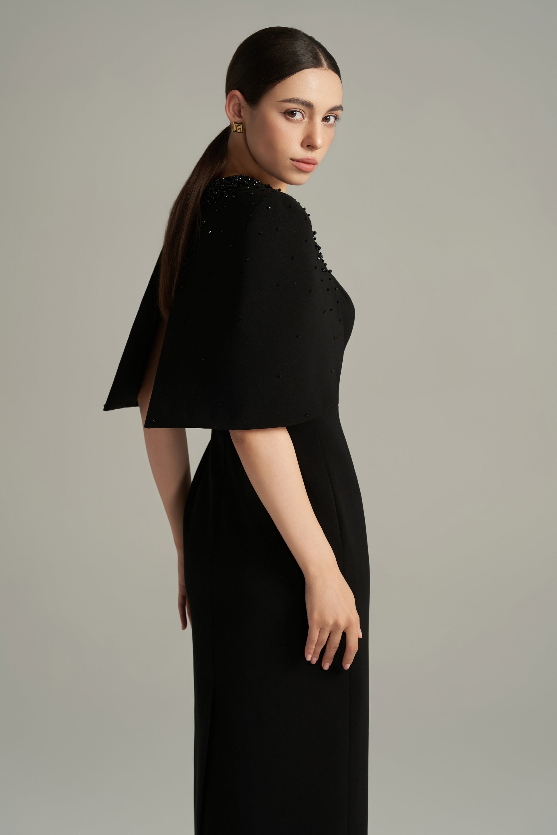 Gracelynn Sheath Cape Shoulder Crepe Calf Length Dress