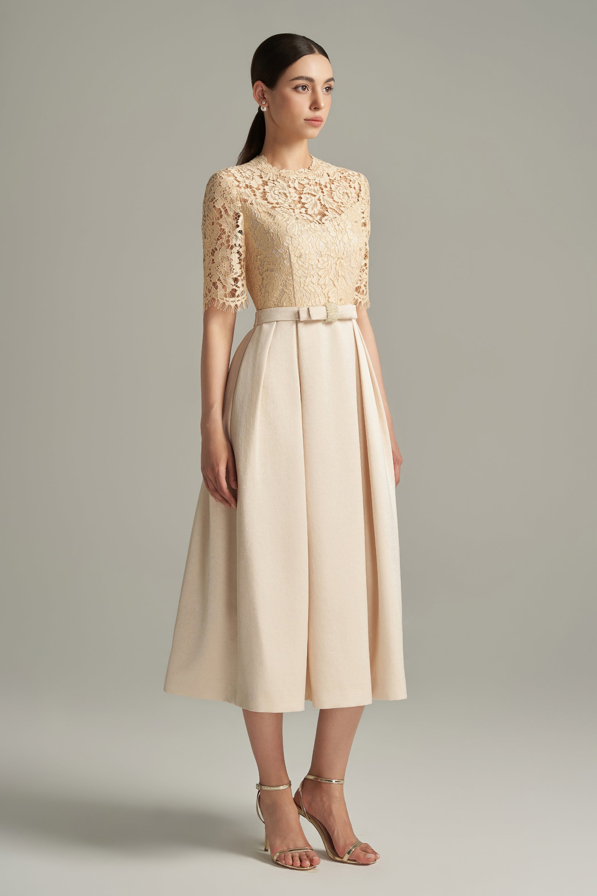 Lillian A-line Draped Lace Calf Length Dress