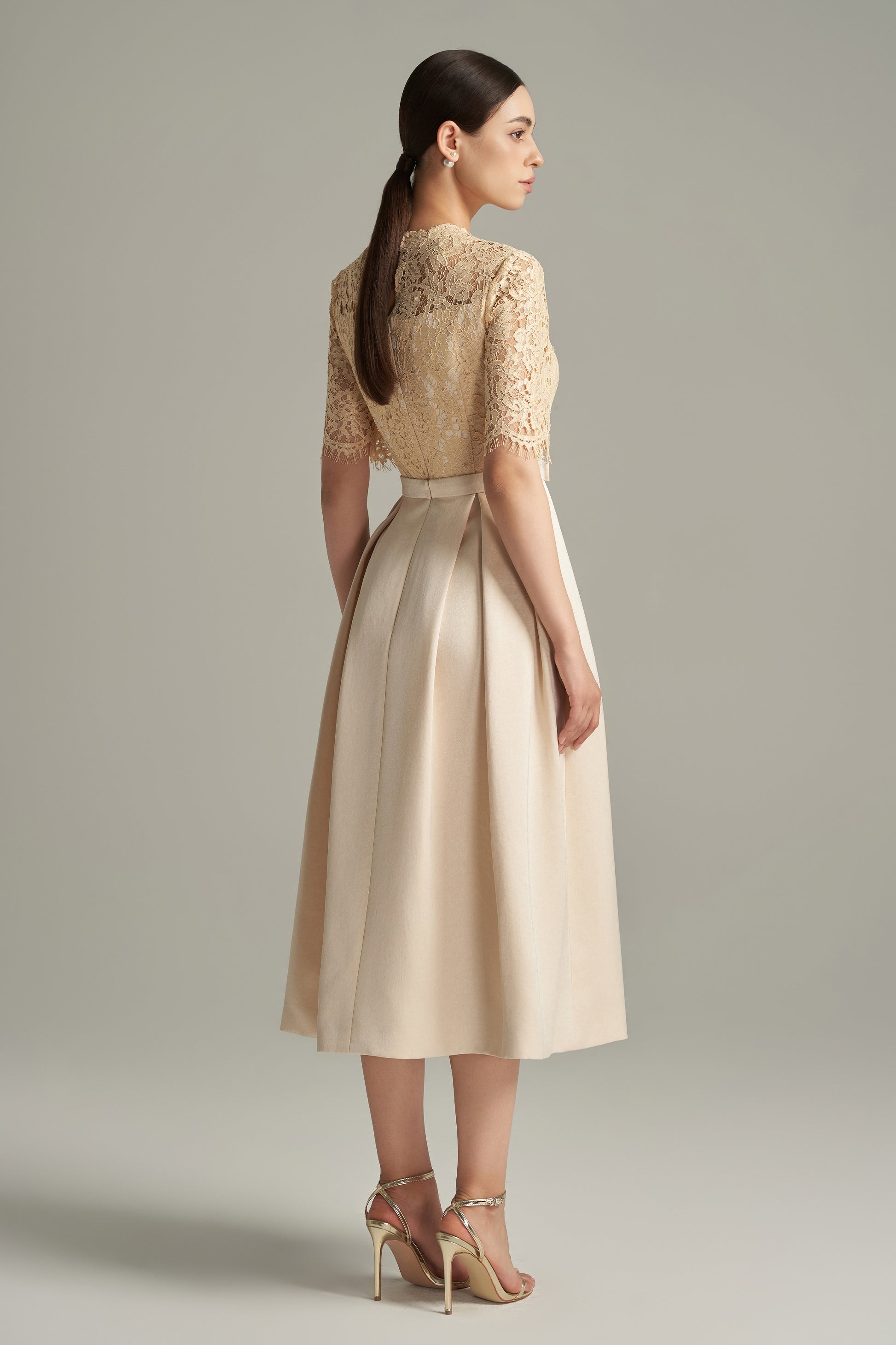 Women's Lillian A-line Draped Lace Calf Length Dress S/M/L/XL/Customize Cream Beige MEAN BLVD Women's Lillian A-line Draped Lace Calf Length Dress S/M/L/XL/Customize Cream Beige MEAN BLVD