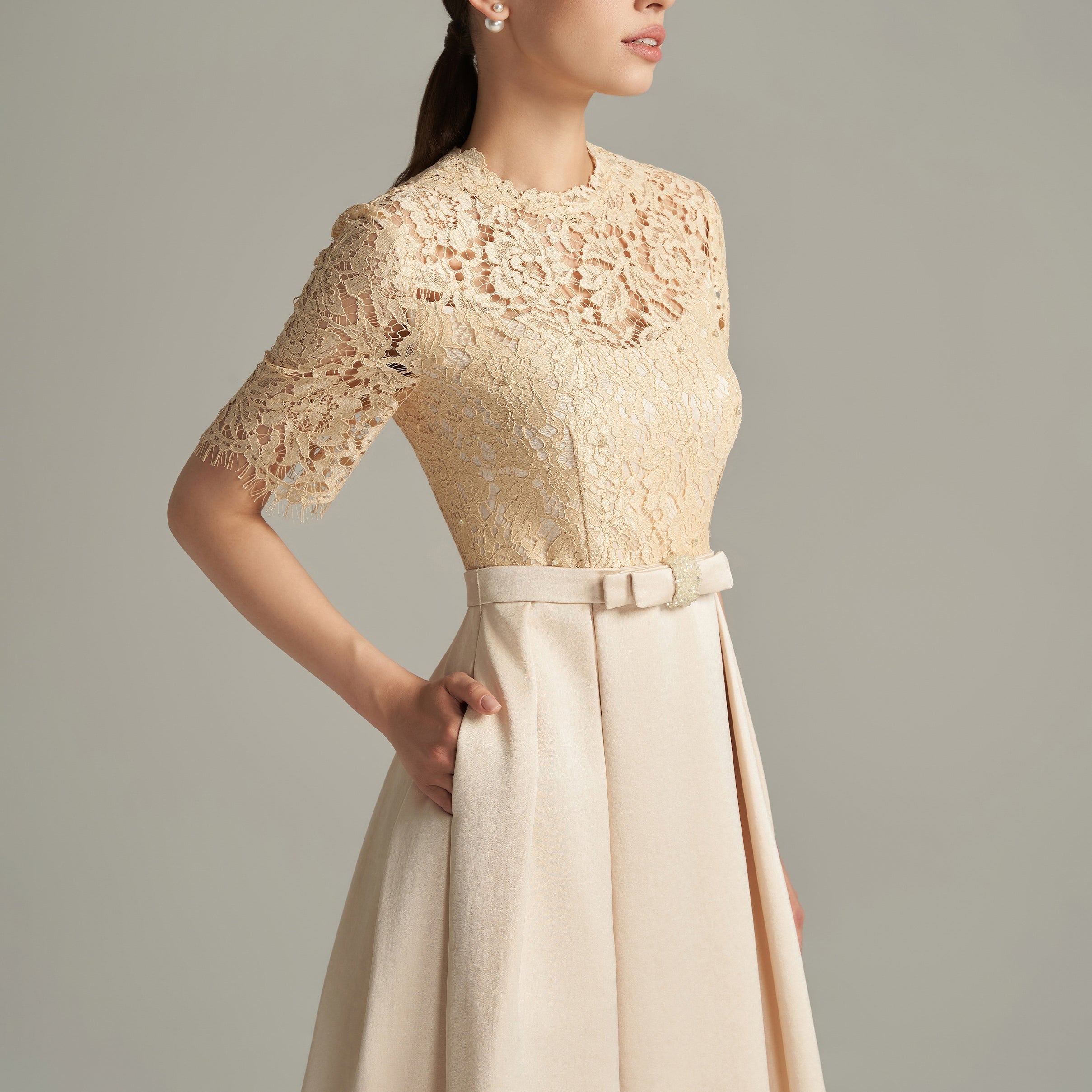 Lillian A-line Draped Lace Calf Length Dress