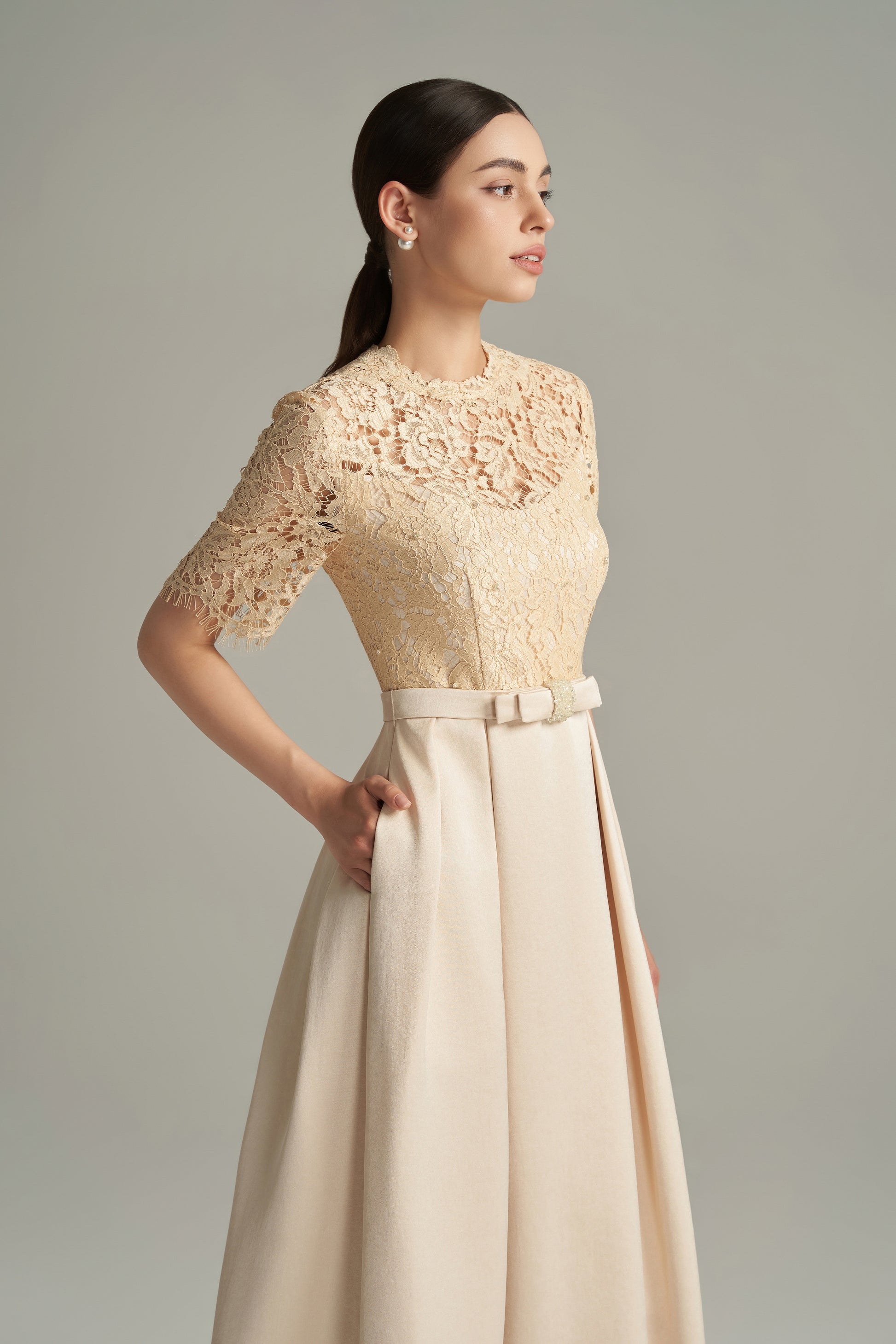 Women's Lillian A-line Draped Lace Calf Length Dress S/M/L/XL/Customize Cream Beige MEAN BLVD Women's Lillian A-line Draped Lace Calf Length Dress S/M/L/XL/Customize Cream Beige MEAN BLVD