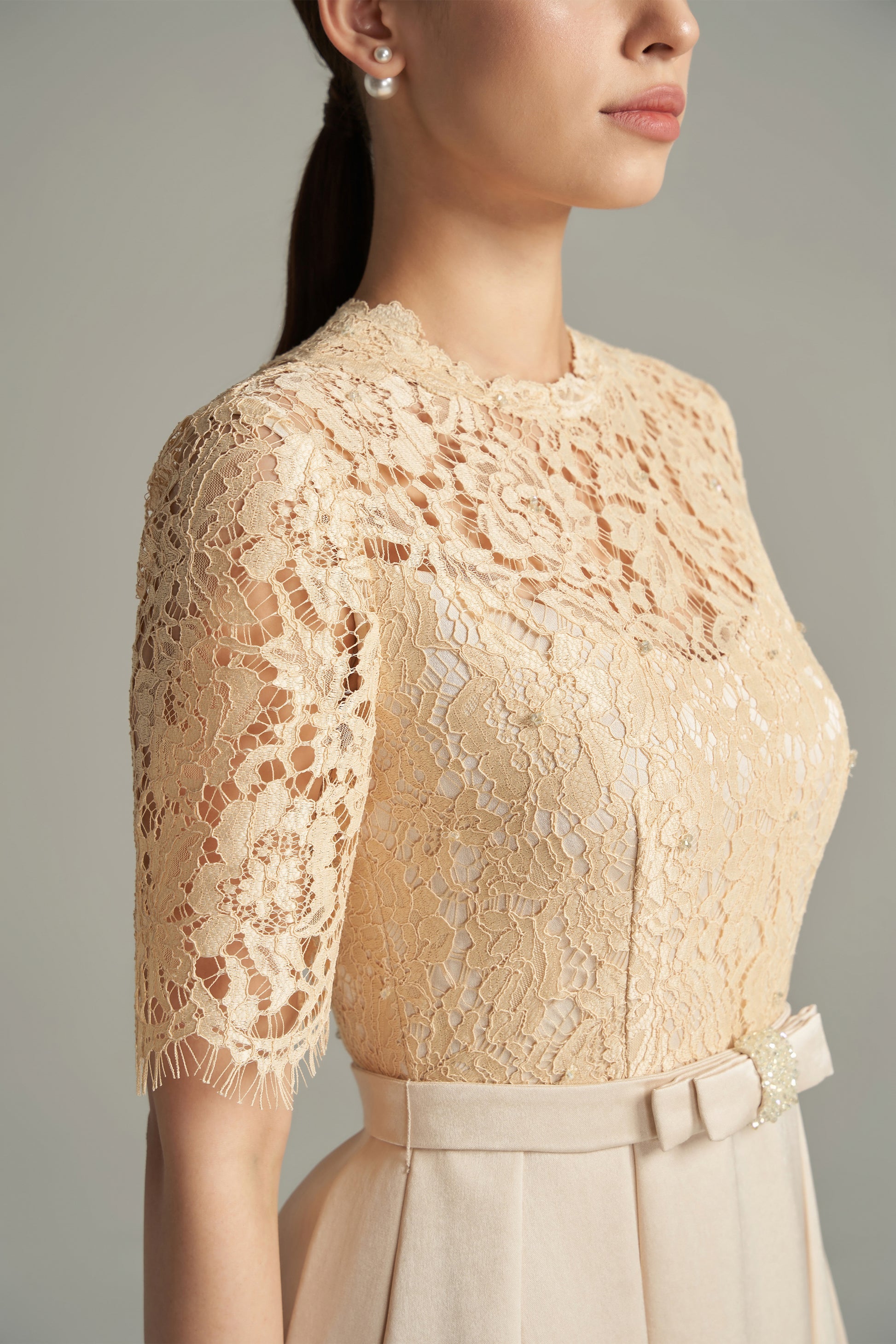 Women's Lillian A-line Draped Lace Calf Length Dress S/M/L/XL/Customize Cream Beige MEAN BLVD
